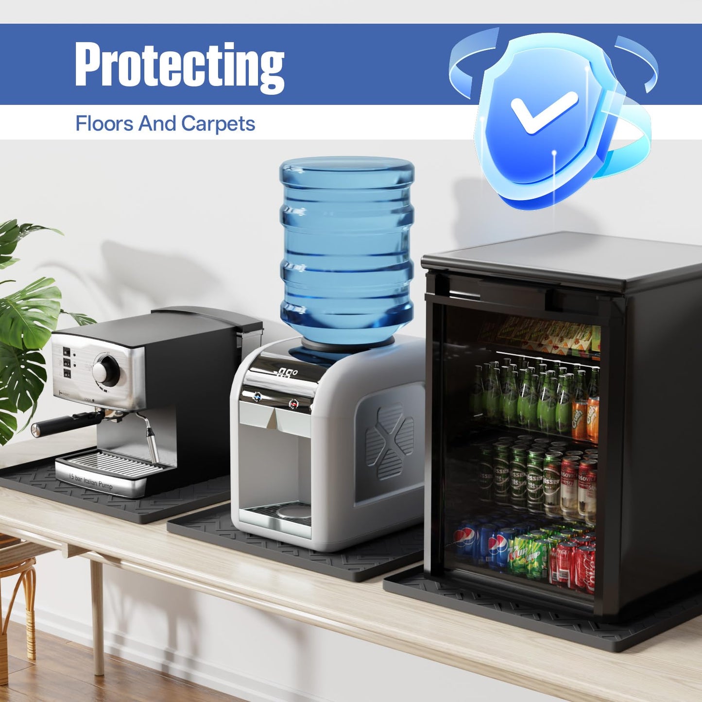 Water Cooler Mat – 19.7" x 19.7" Silicone Water Dispenser Mat for Floor & Countertop, Spill-Proof & Waterproof Tray for Coffee Maker, Kitchen, Pets, Office Use (Black, 19.7' * 19.7')