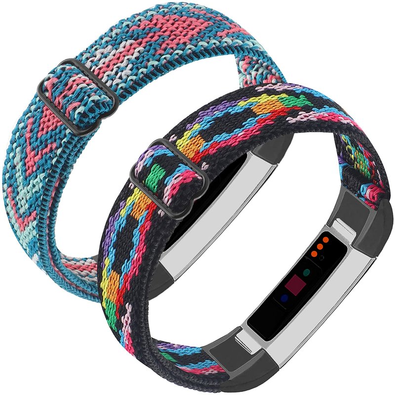 Adjustable Elastic Nylon Bands Compatible with Fitbit Alta and Alta HR Fitness Tracker, 2 Pack Braided Stretchy Wristband Accessory Bracelet Watch Strap Sport Replacement Band for Women Men (Colorful