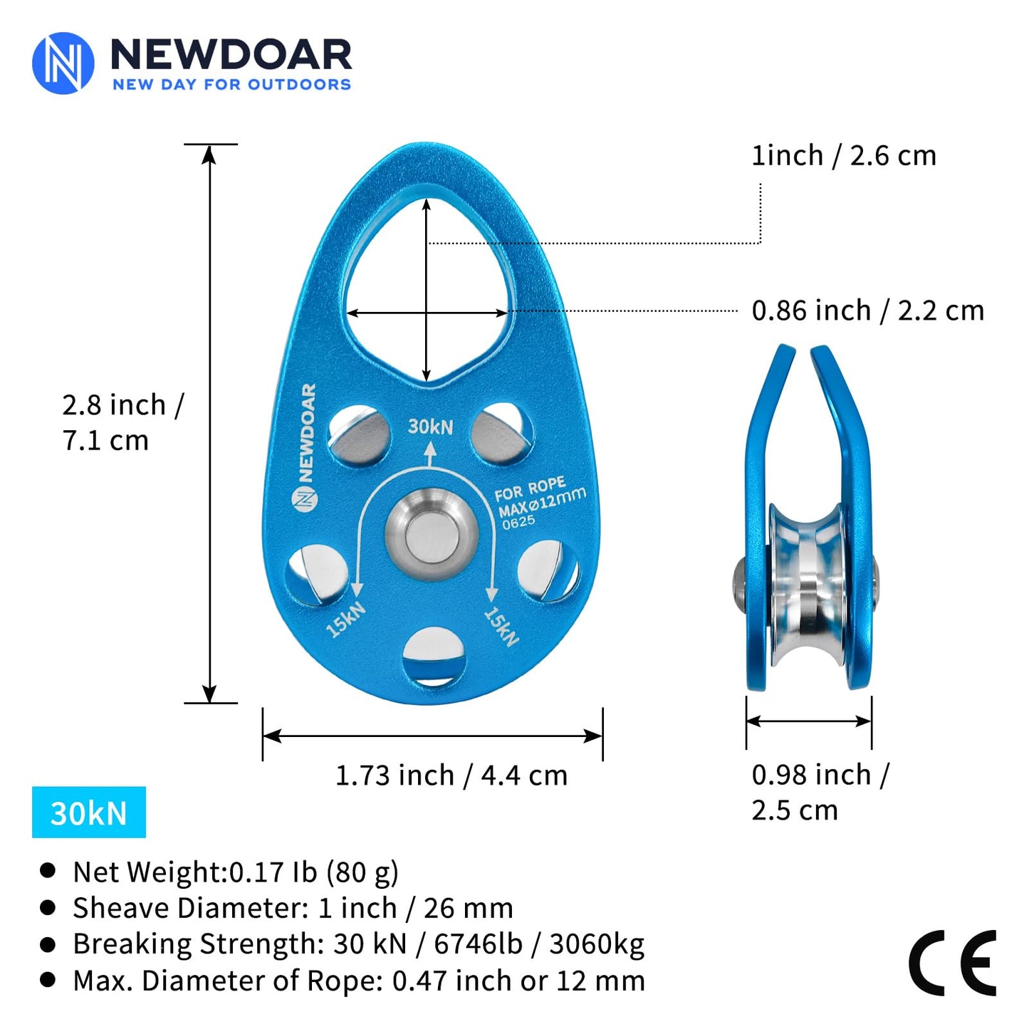 NewDoar Micro Mobile Pulley 30KN/6746lb Mobile Single Pulley Cheek Shaped for Max Rope 12mm Rope for Climbing, Rescue Lifting,Hitch Tending (Grey-Pack of 2)