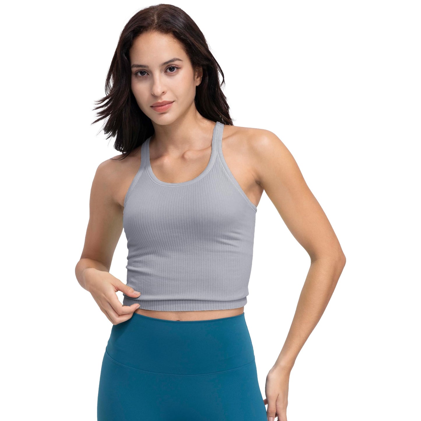 Excwudy Seamless Ribbed Workout Racerback Tank Tops with Built in Bra for Women Grey-Purple L