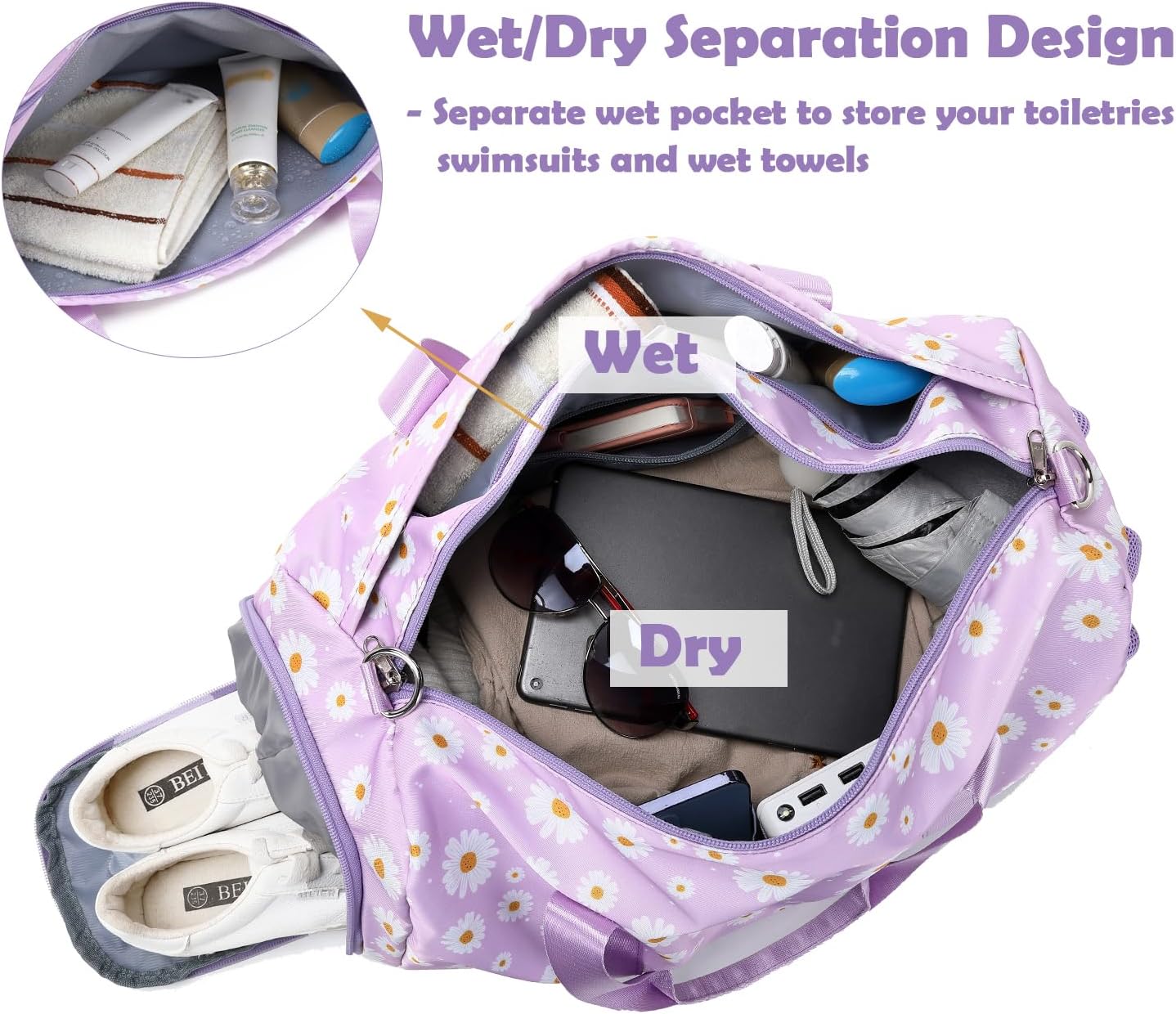 Skiennix Duffle Bag - Purple Daisy Dance & Gym Bag with Wet & Shoe Compartments | Perfect for Sleepovers & Travel