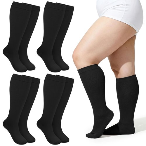 4 Pairs Plus Size Compression Socks for Women Wide Calf L/XL-5XL (15-20mmhg) Compression Socks Men Knee High Support Compression Stockings for Women Wide Calves Big Calf Wide Leg Foot for Nurses and Flying