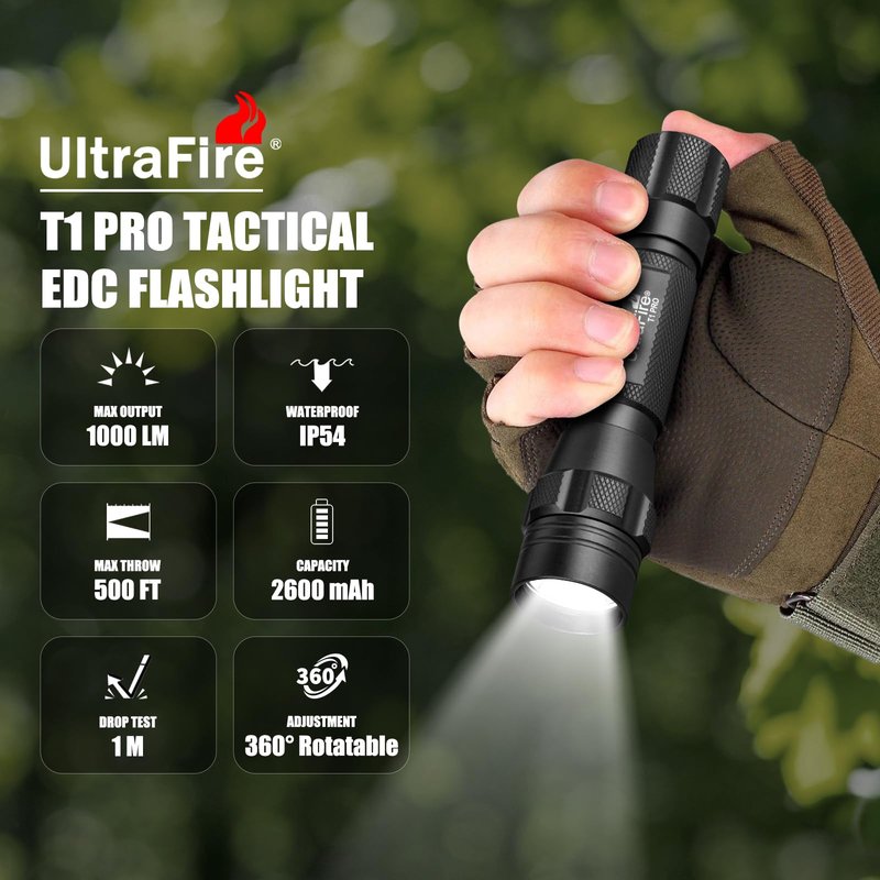 ULTRAFIRE 1000 High Lumen Tactical EDC Flashlight with Holster,Single Mode Police Flashlight with Belt Holder,Bright Law Enforcement Flashlight with Holster for Duty Belt T1 PRO