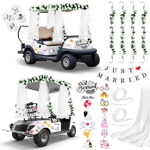 Wedding Golf Cart Decorations 1 Just Married Sign Banner 4 Rose Garland 14 Assorted Ornate Car Magnets 19.7ft Draping Fabric 4 Mr and Mrs Just Married Balloons for Bridal Shower Honeymoon Photo Props