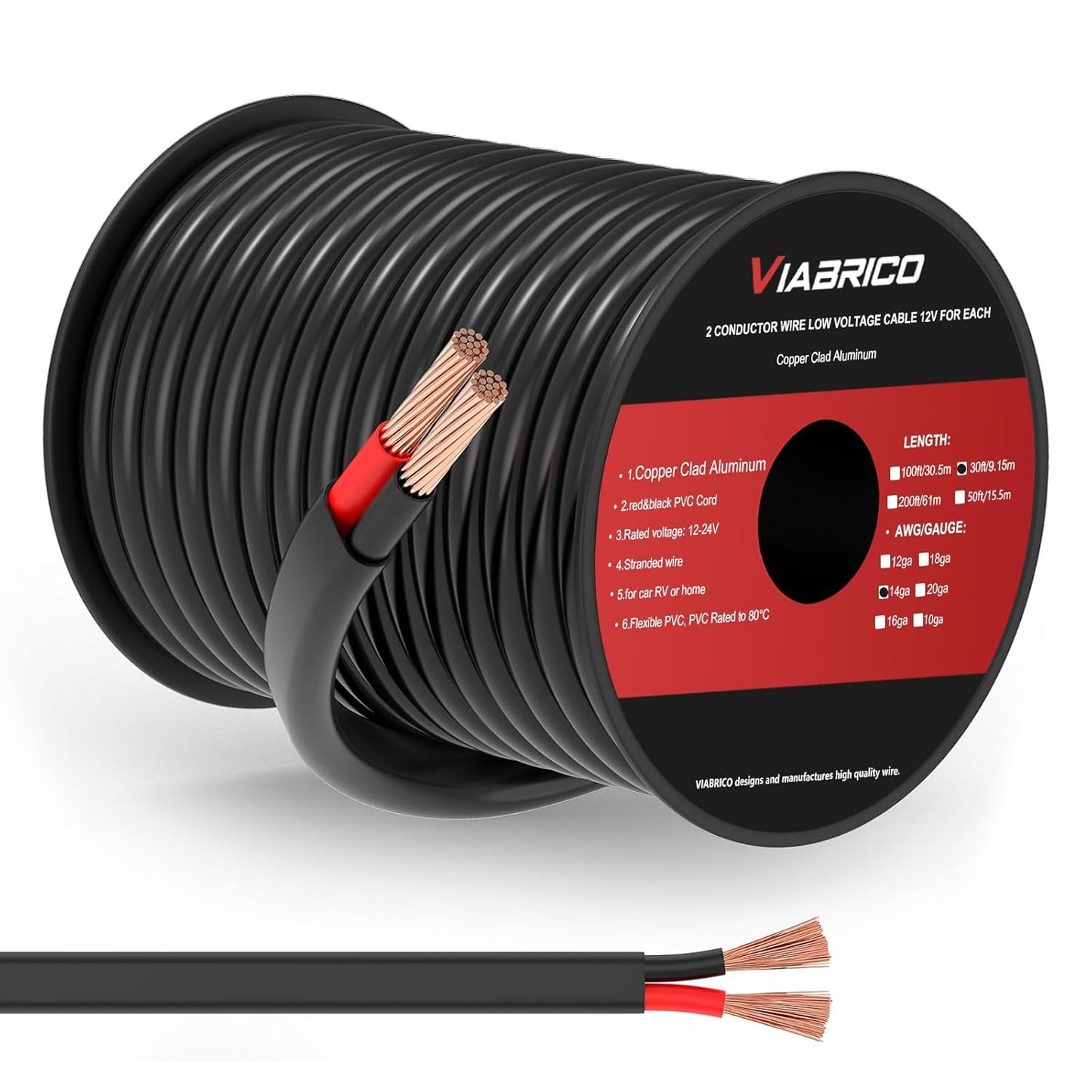 VIABRICO 14 AWG 2 Conductor Electrical Wire - Flexible PVC Cord for 12V/24V DC Applications | 30FT Length