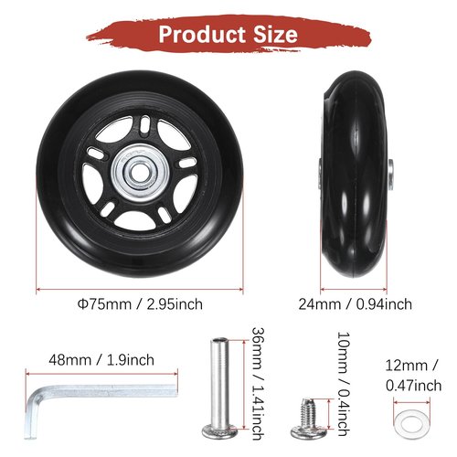 TIXIPEM Luggage Suitcase Replacement Wheels [2pcs] - 75 x 24 mm Rubber Scooter Wheels Repair Kit W/ABEC-7 Bearings and 6mm Axles for Trolley & Carry-on Roller Travel Suitcases - [Black]