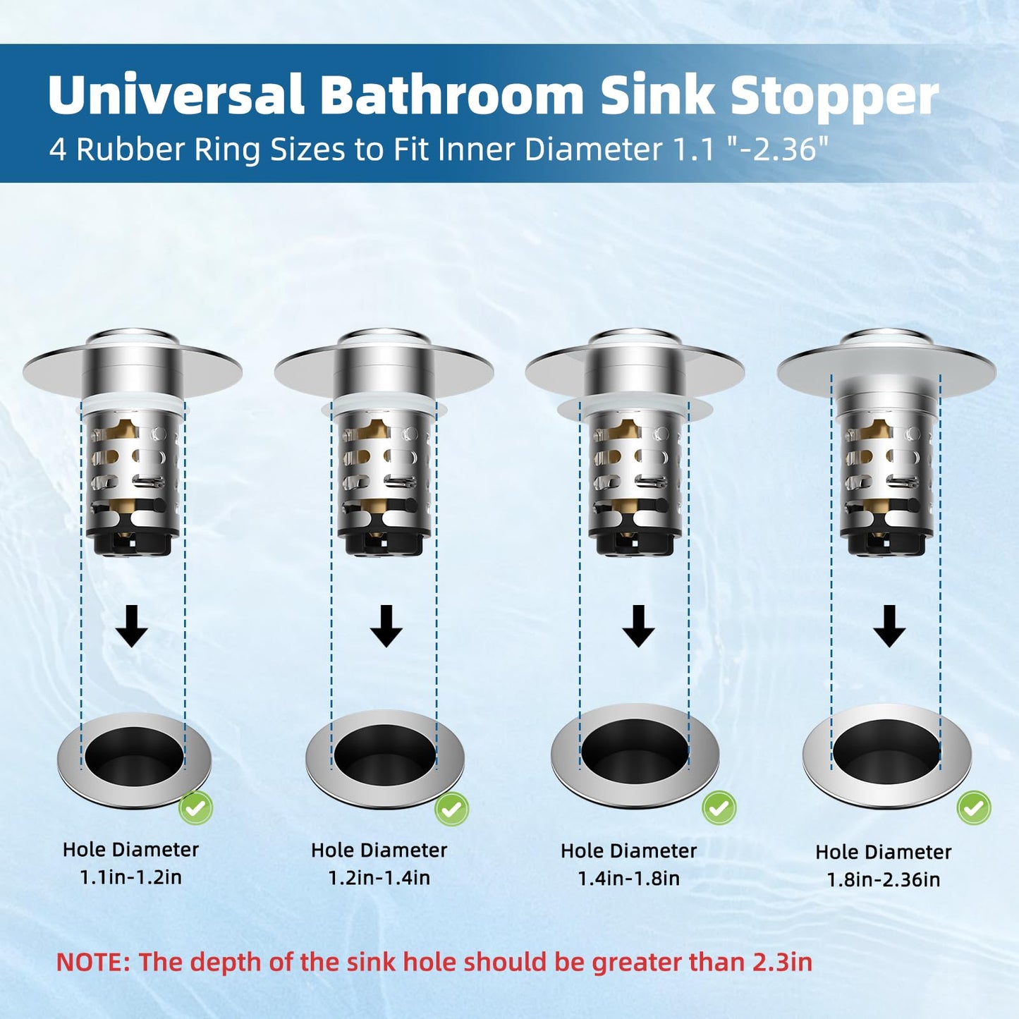 iFealClear Upgraded 4-in-1 Bathroom Sink Drain Stopper Hair Catcher, Universal Pop Up Strainer with 2-Layer Removable Stainless Steel Filter Basket, Anti-clog Sink Plug for 1.1"-2.36" US Basin, Chrome