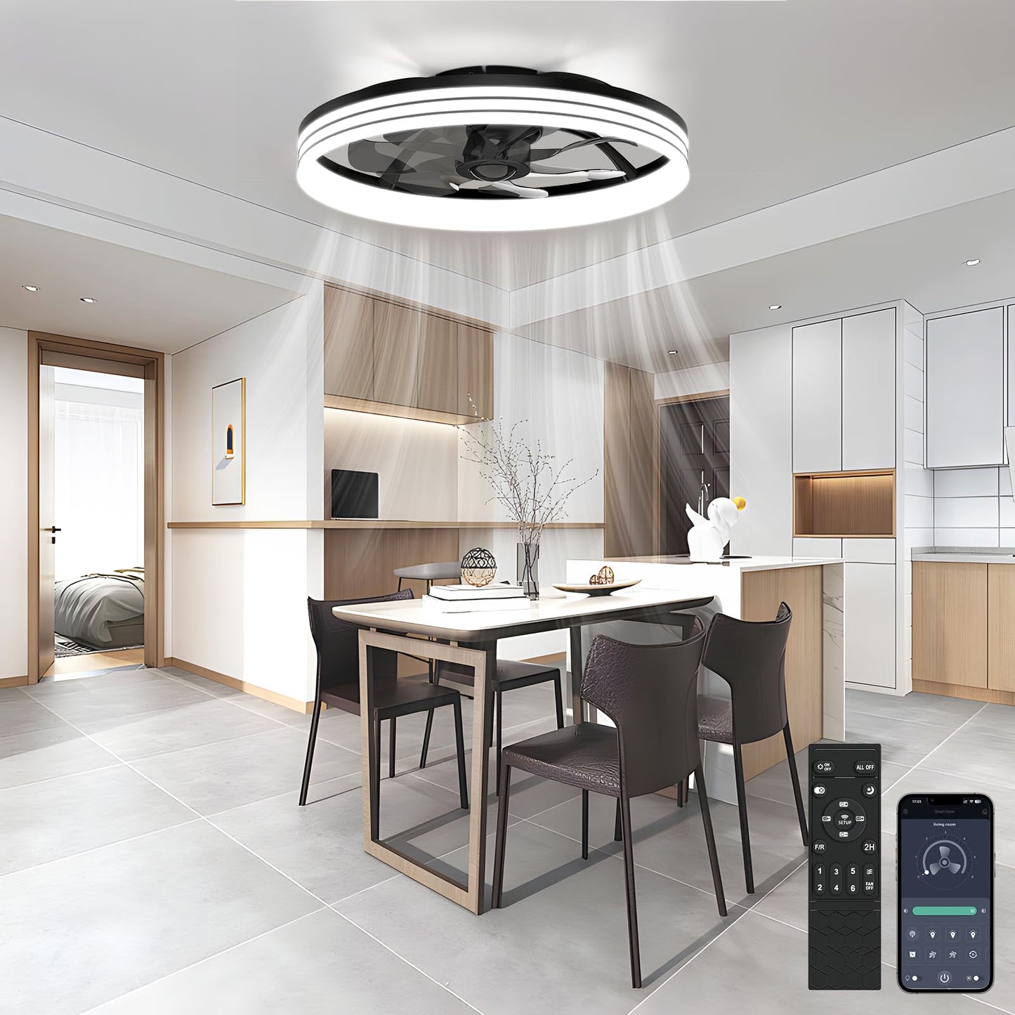 AIKVSXER Ceiling Fan with Light,20" Flush Mount Ceiling Fan,6 Speeds,3000-6500K Dimmable LED, App & Remote Control, Quiet DC Motor, for Bedroom, Living Room Modern Ceiling Fans with Lights(Black)