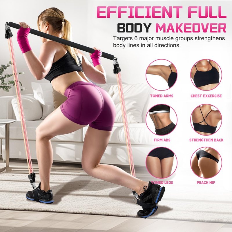 VEICK Pilates Bar Kit with Resistance Bands, Elastic Workout Bands for Men and Women, Set of 5 Resistance Loop Bands for Home Fitness, Stretching, Strength Training, Physical Therap, Light Pink