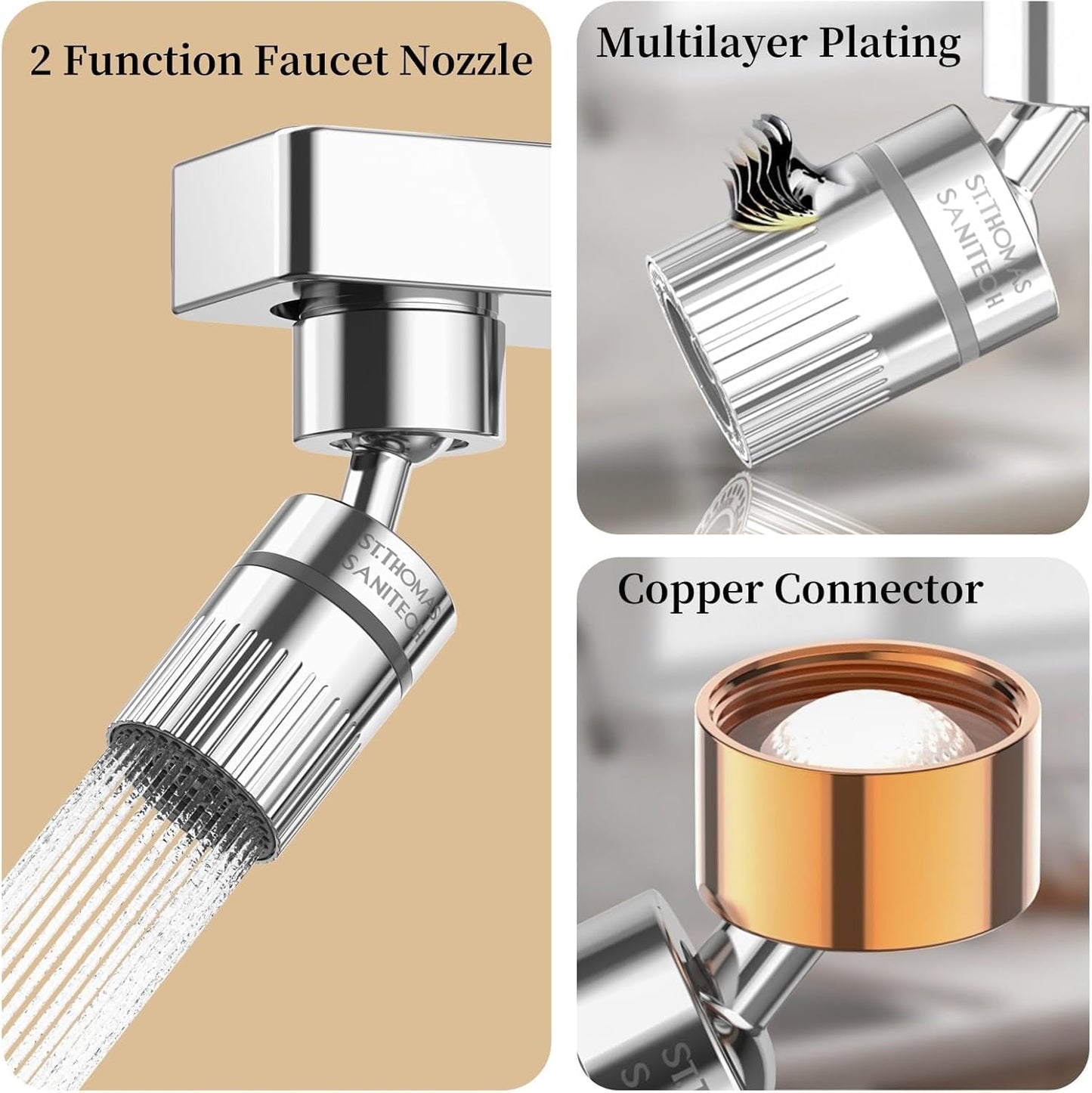 2 PC ST.THOMAS Swivel Faucet Aerator,2-function Faucet Nozzle,360° Big Angle Rotate kitchen faucet head replacement,Faucet Extender for Kitchen 55/64 inch Female Thread,Kitchen Sink Aerator