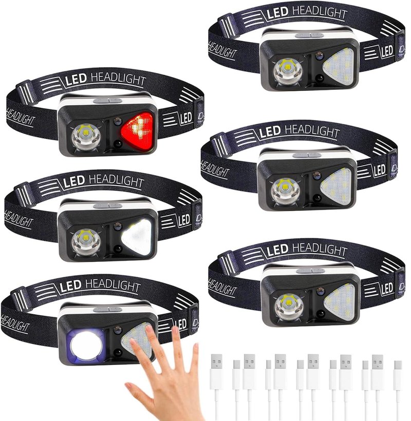 Hilngav 6 Pack Rechargeable Headlamp Flashlight, LED Head Lamp with White Red Light, Super Bright USB-C Headlight Motion Sensor Head Lamp for Adults 11 Mode Outdoor Camping Running Hiking Fishing