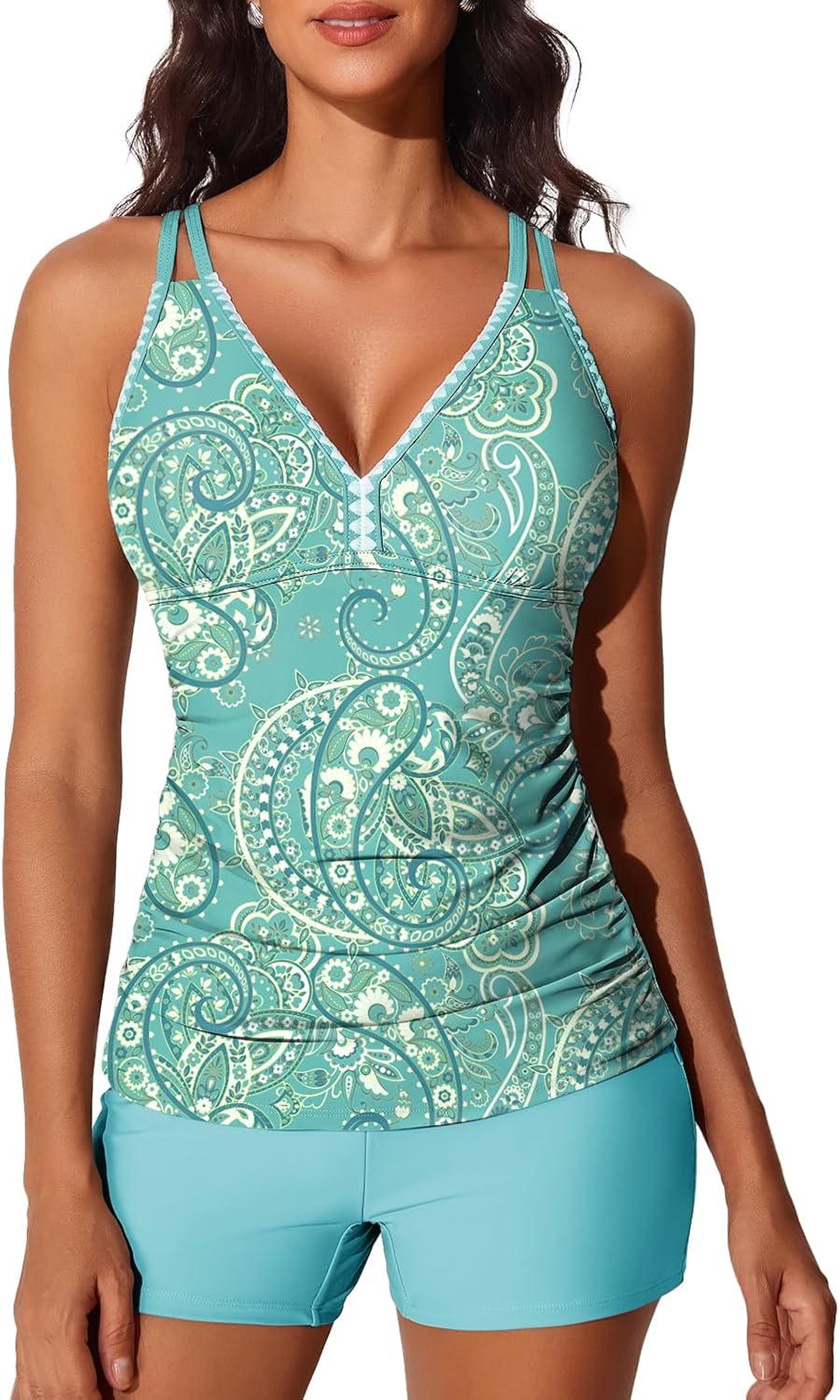 Summer Mae V-Neck Tankini Swimsuit - Two-Piece with Side Pockets & Tie-Back Straps