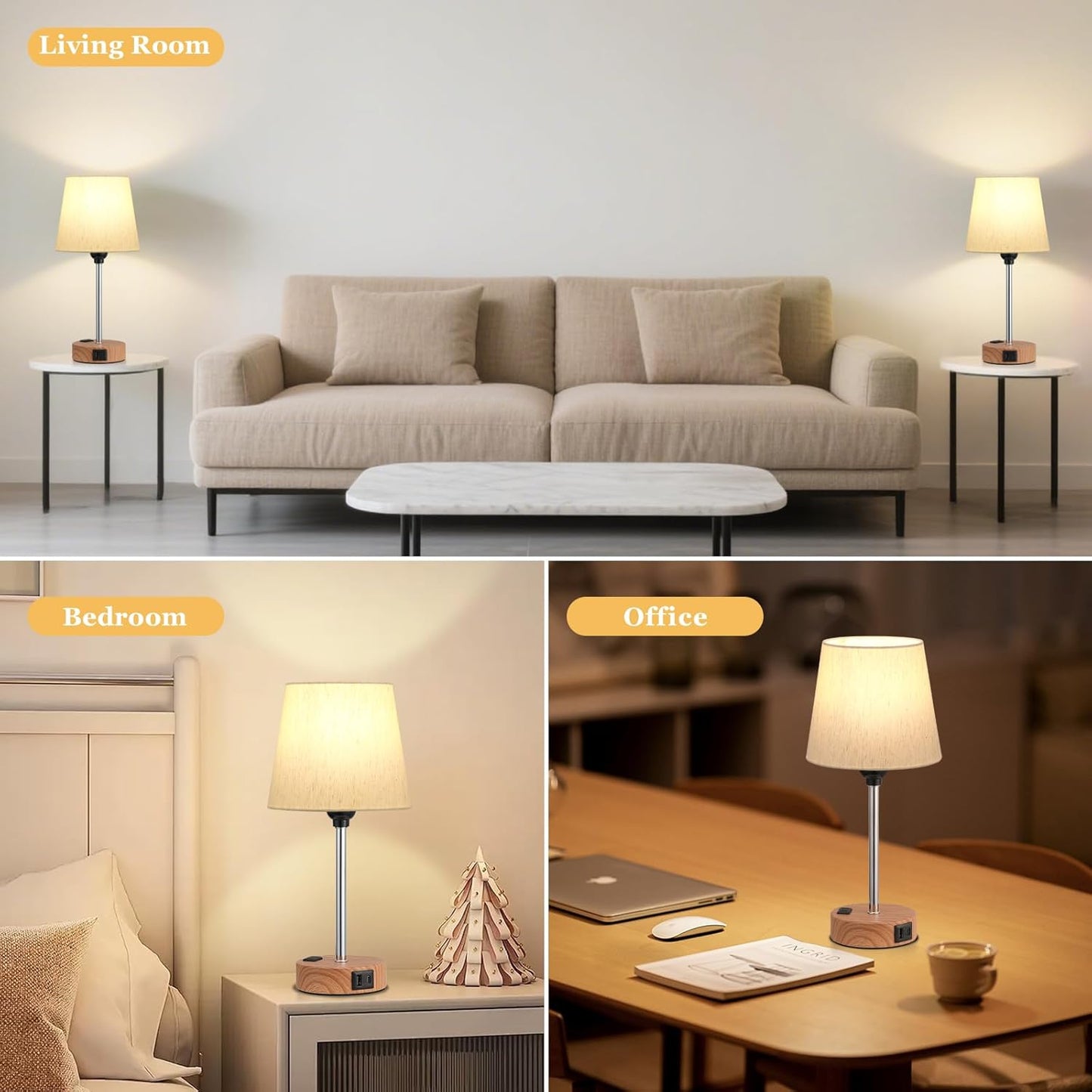 Set of 2 Mini Bedside Lamps with USB-C & AC Outlet - Dimmable Touch Nightstand Lights for Bedrooms