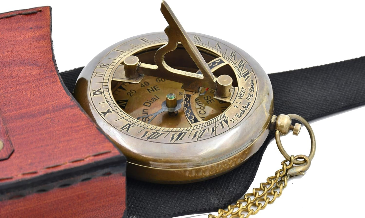 Sundial Clock Engraved Brass Pocket Portable Compass Gifts for Men, Him, Son, Husband, Grandson, Boys | Engravable Antique Gift Compasses for Graduation, Baptism,