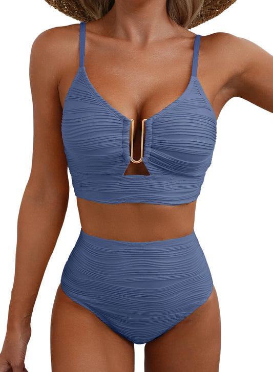 Herseas Women 2 Piece High Rise Push Up Tummy Control Swim Suits Sky Blue L