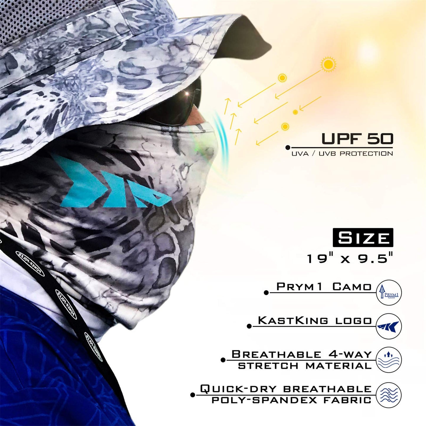 KastKing Sol Armis Neck Gaiter - UPF 50 Face Mask - UV Sun Protection Mask for Men & Women, Fishing, Hiking, Kayaking , Prym1 Camo, RocketPop,19x9.5 Inches,Silver Mist