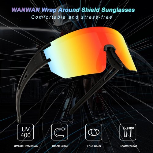 WANWAN Men Women Cycling Sunglasses, 80s Sport Baseball Mirrored Sun Glasses for Youth Adults Running Softball