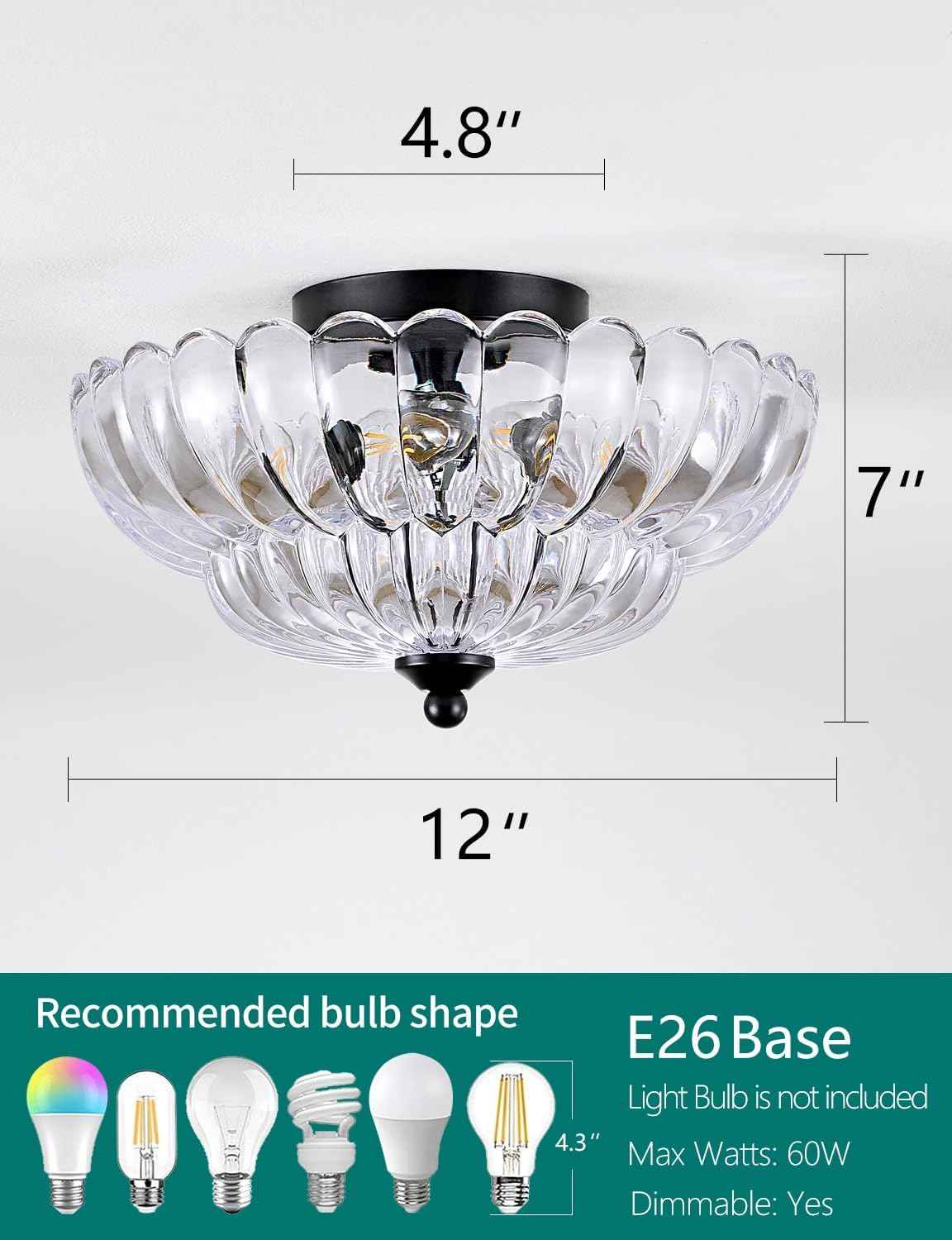 Modern 3-Bulb Semi Flush Mount Ceiling Light Fixture - Vintage Amber Glass for Bedroom, Kitchen, Living Room