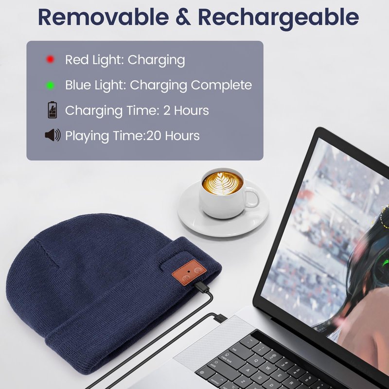 RANCOVY Bluetooth Beanie with Light, Musical Knit Hat with Wireless Headphone, LED Beanie with Bluetooth for Men Women Grey