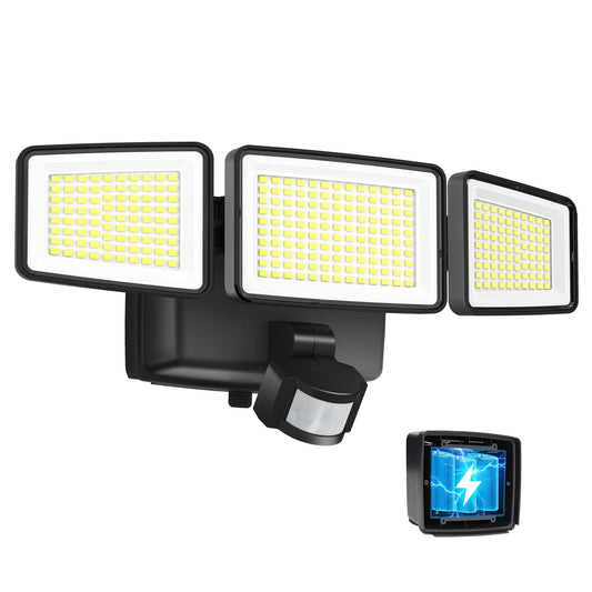 UME Battery Powered Motion Sensor Outdoor Lights 302 LED 1800LM, IP65 Waterproof Battery Operated Flood Lights Outdoor, 3 Heads Security Motion Light with 3 Modes for Garden Patio Yard