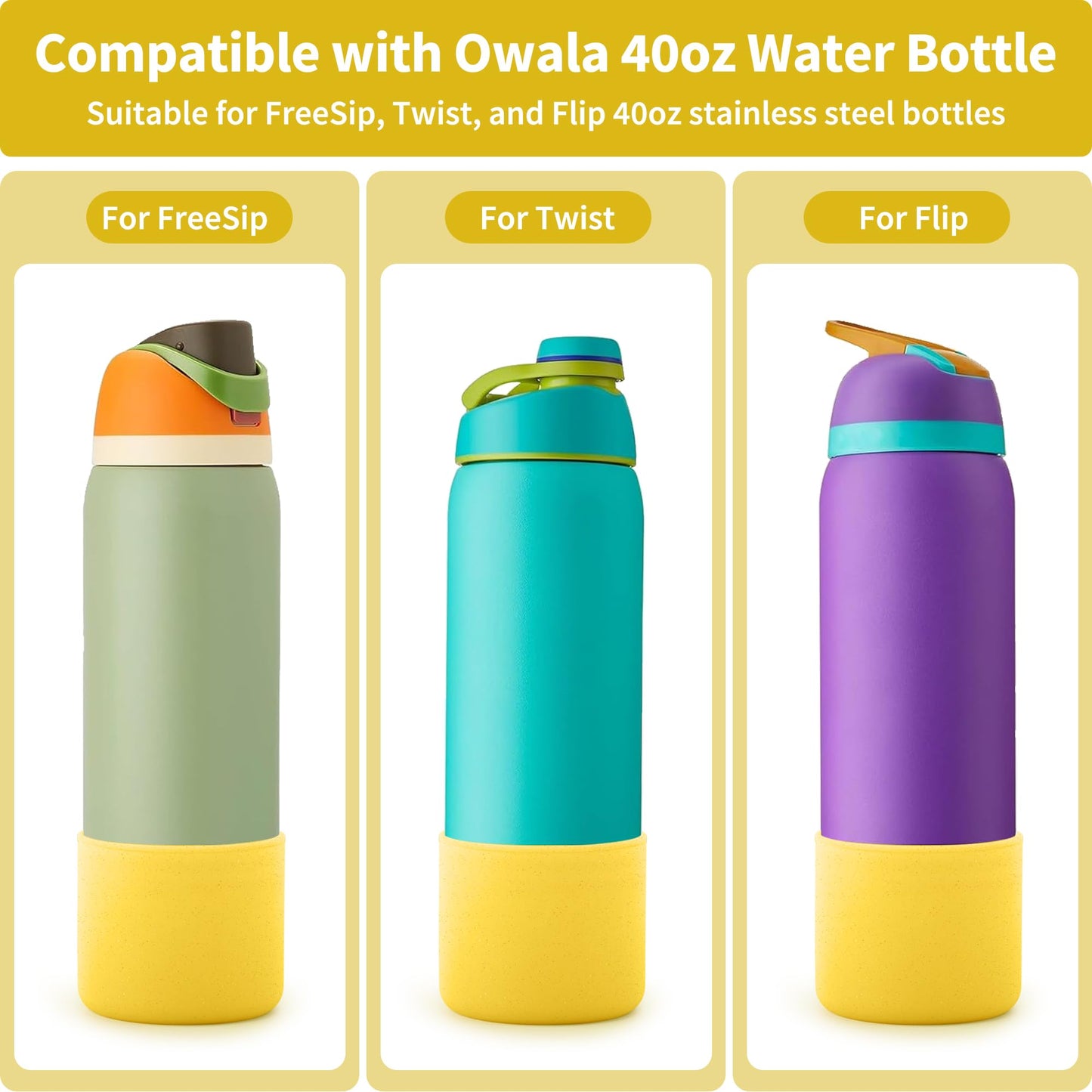 Diumepo Silicone Water Bottle Boot for Owala 40 oz, Anti-Slip Protective Sleeve for Owala Twist & FreeSip & Flip Stainless Steel Water Bottle, Boot Bottom Base (Glitter Yellow)