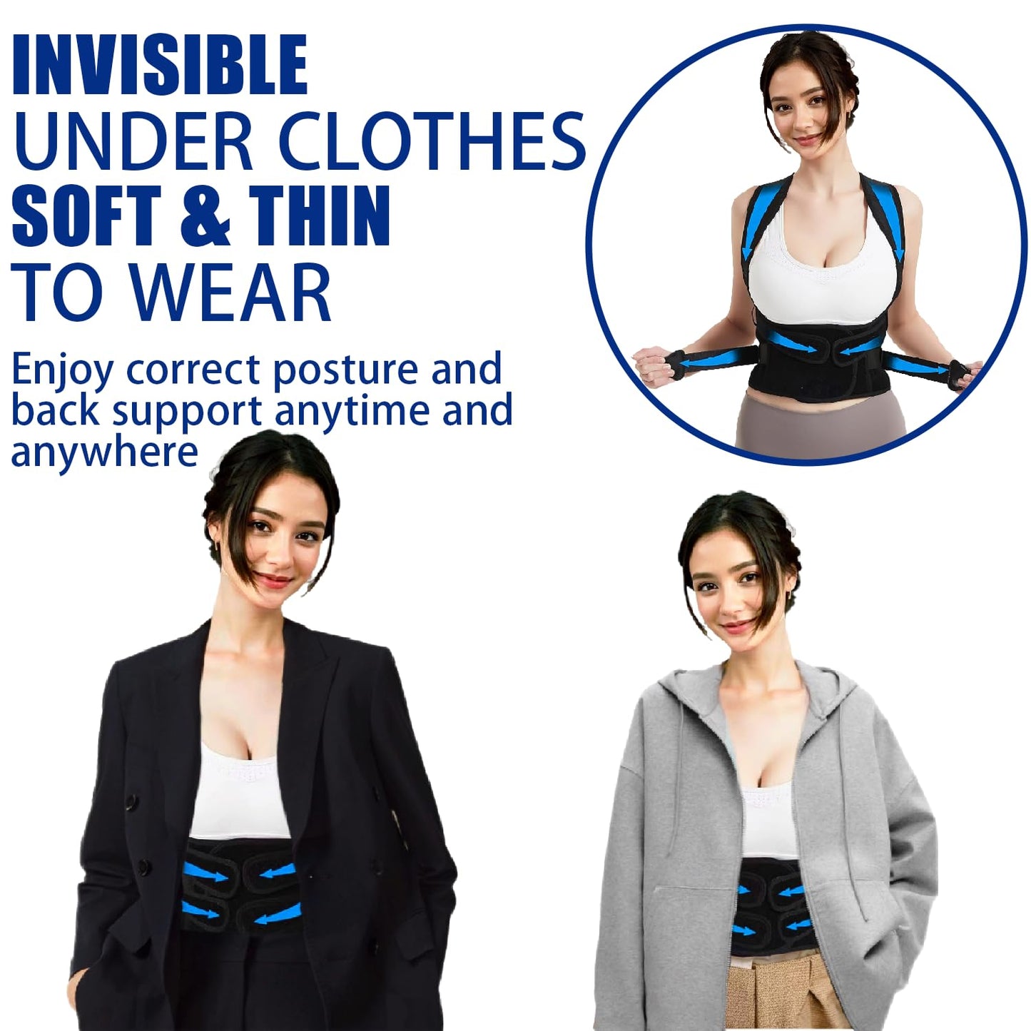 Skiennix Posture Corrector - Adjustable Back Brace for Pain Relief & Lumbar Support | Breathable Design (Black, Large)