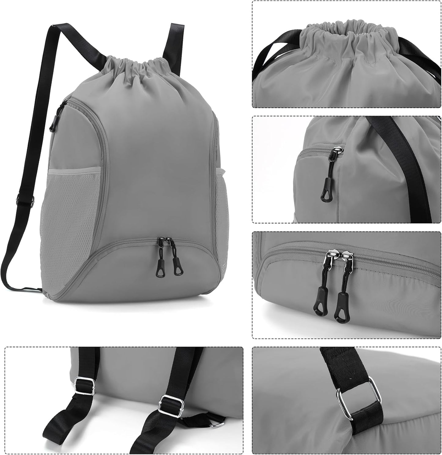 Valleycomfy Sports Gym Bag - Drawstring Backpack with Shoe Compartment & Two Water Bottle Holders | Grey