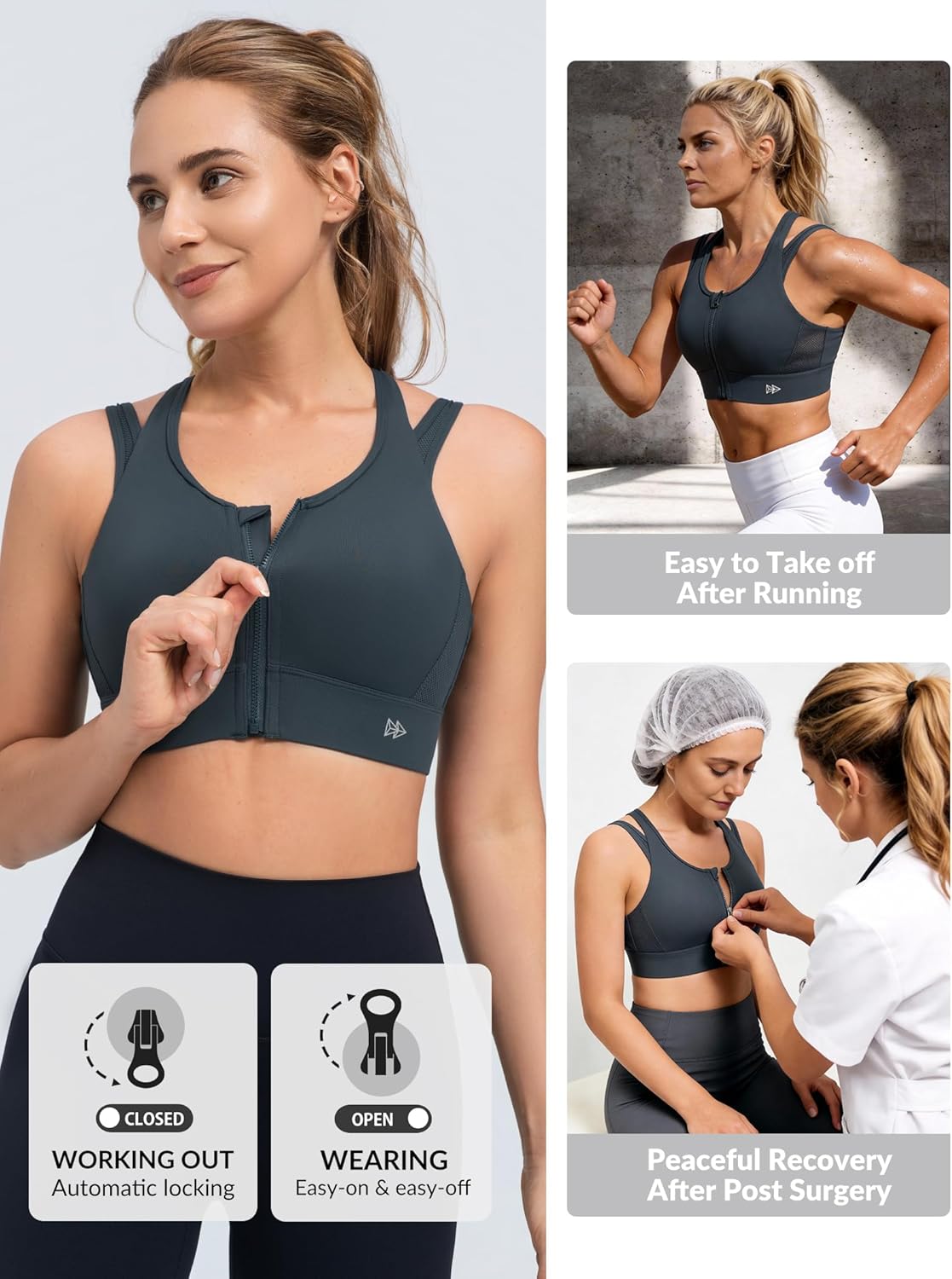 Yvette High Support Sports Bra for Women - Front Closure, Double Straps, Plus Size, Sewn-In Pads