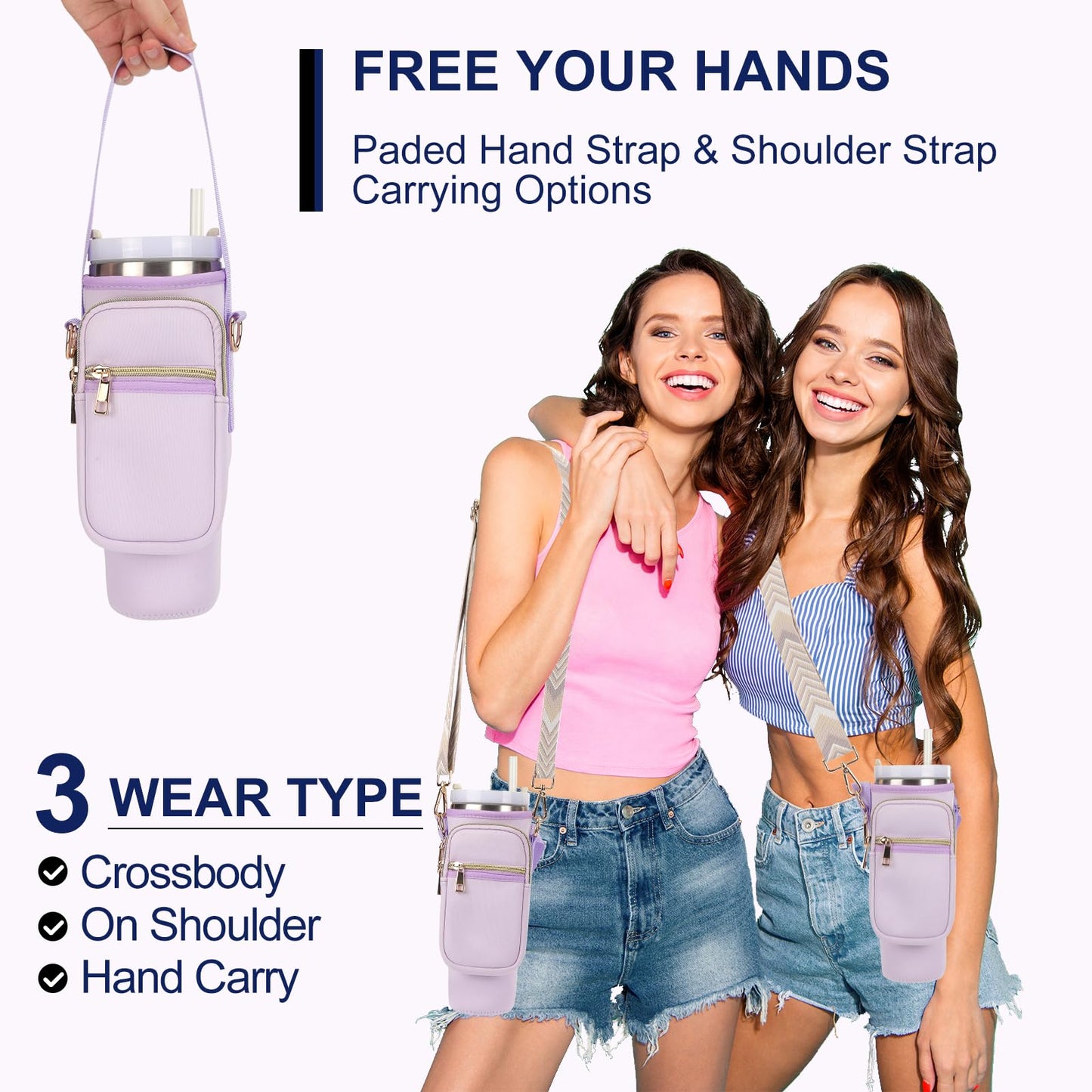 GOEWY Water Bottle Carrier Bag Stanley Cup Accessories with Adjustable Shoulder Strap & Phone Pocket Fits 40oz Tumbler with Handle Ideal Gift for Women
