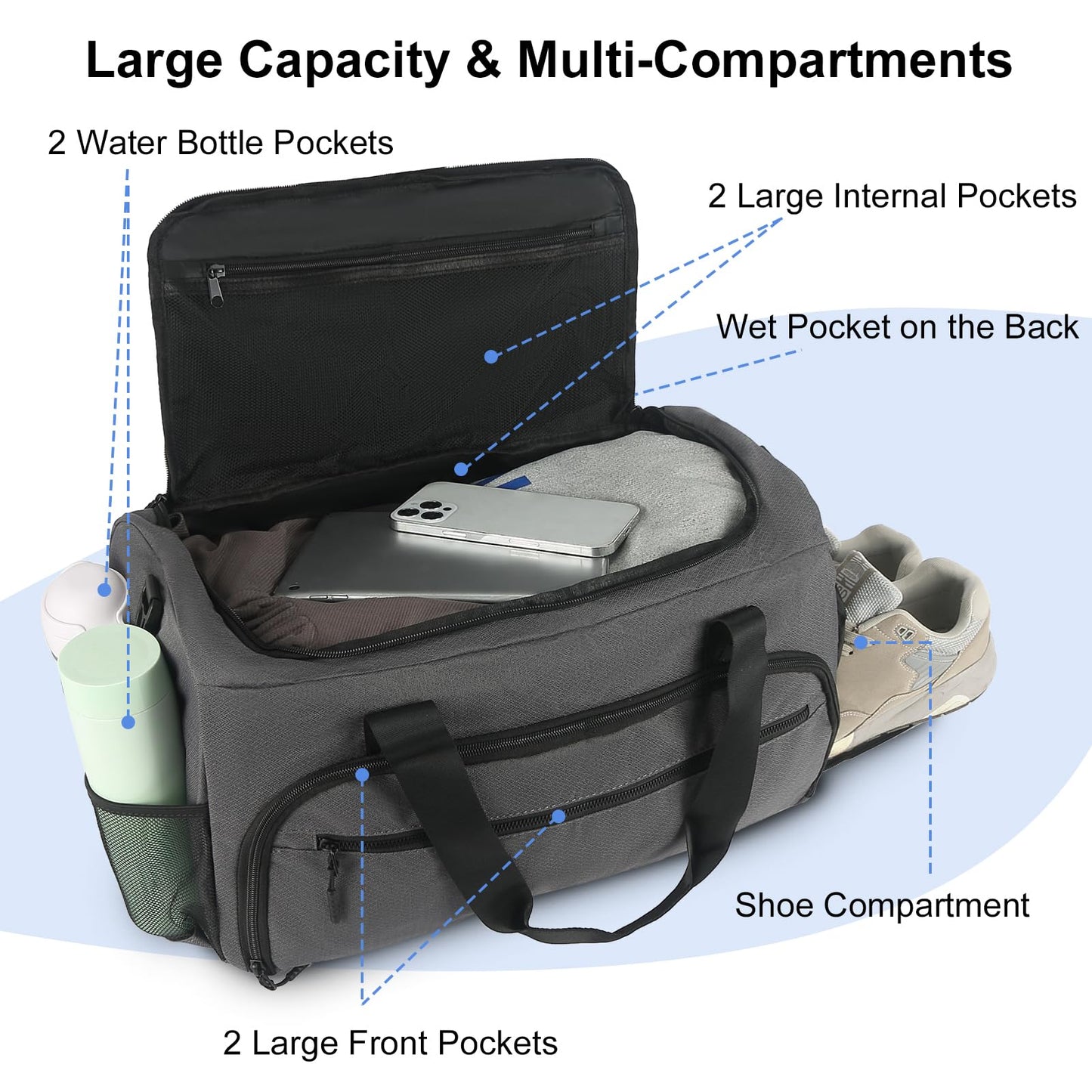 Gym Bag for Men Women, Sports Duffle Bag with Wet Pocket & Shoes Compartment, Water Resistant Overnight Weekender Bag Duffel Bag - Grey