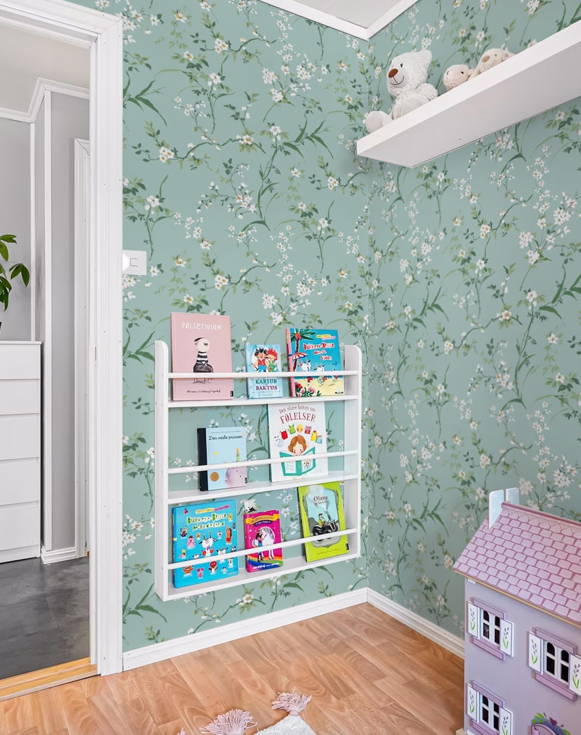 HomKihapai Peel and Stick Wallpaper Farmhouse Wild Floral Peel and Stick Wall Paper French Blue Wallpaper for Bedroom Stick on Mural Cabinets Contact Paper (Soft Blue, 17.7" X 78.74")