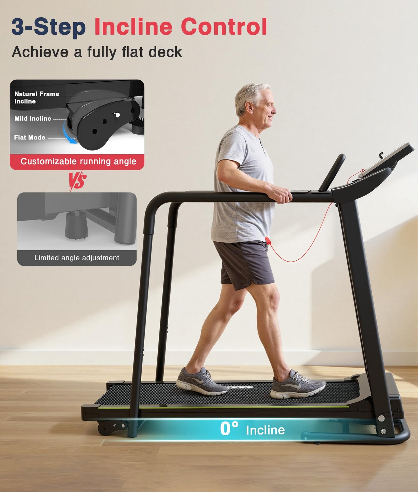 Redliro Treadmill for Seniors - 0.3mph Slow Start,Front & Long Handrails
