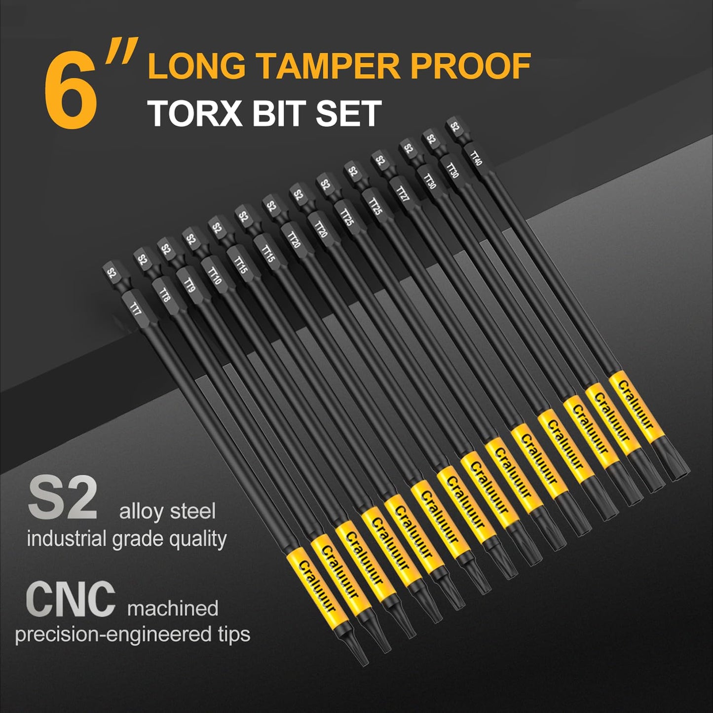 Craluuur 14PCS Impact Long Torx Bit Set, 6-Inch, T7–T40, Tamper Proof Star Bits Set, Magnetic Security Torx Bit Set with 1/4 Inch Hex Shank, S2 Steel, Ideal for Automotive, DIY, Electronics