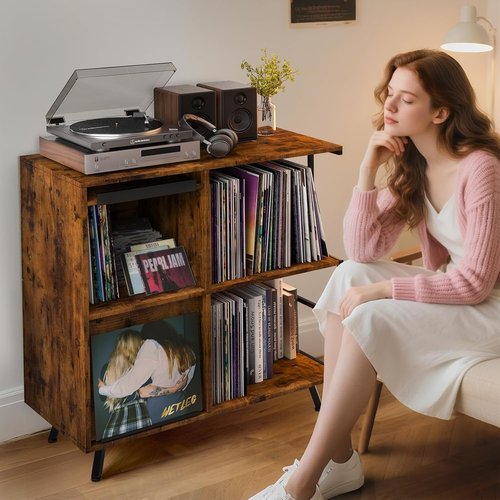 Faesun Vinyl Record Storage Stand - 3 Tier Flip Top Cabinet Holds 300+ Albums | Rustic Brown