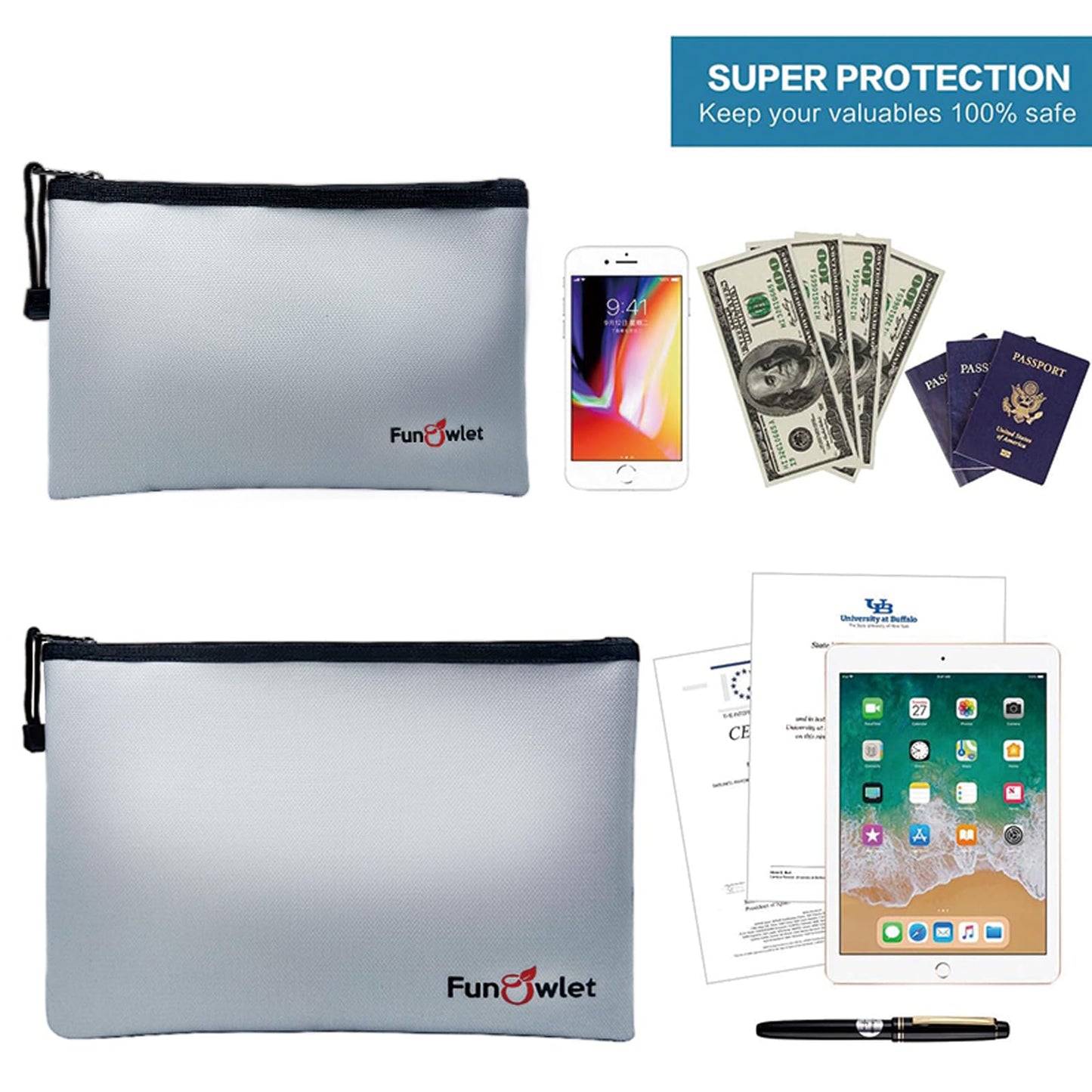 Fireproof Safe Money Document Bags - 2 Pack 13.4" x 9.8" and 10.6" x 6.7" Waterproof Zipper Bag, Fire & Water Resistant Storage Organizer Pouch for A4 A5 Documents Holder,File,Cash,Passport,Tablet