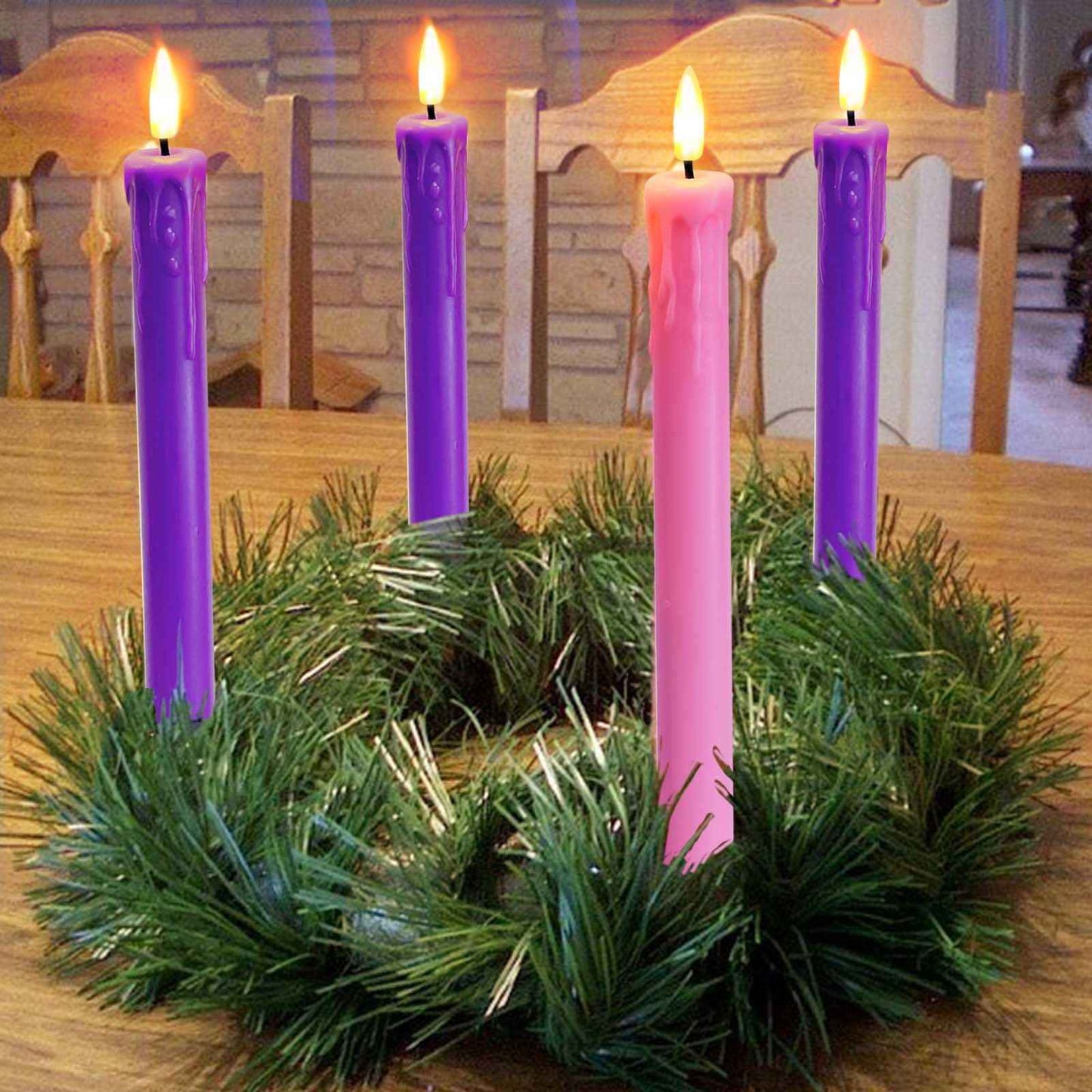 Abkshine Set of 4 LED Christmas Candle Lights, Battery Operated Taper Candles for Advent Wreath, 3 Purple 1 Rose Flickering Wax Flameless Candles for Holiday School Church Celebration