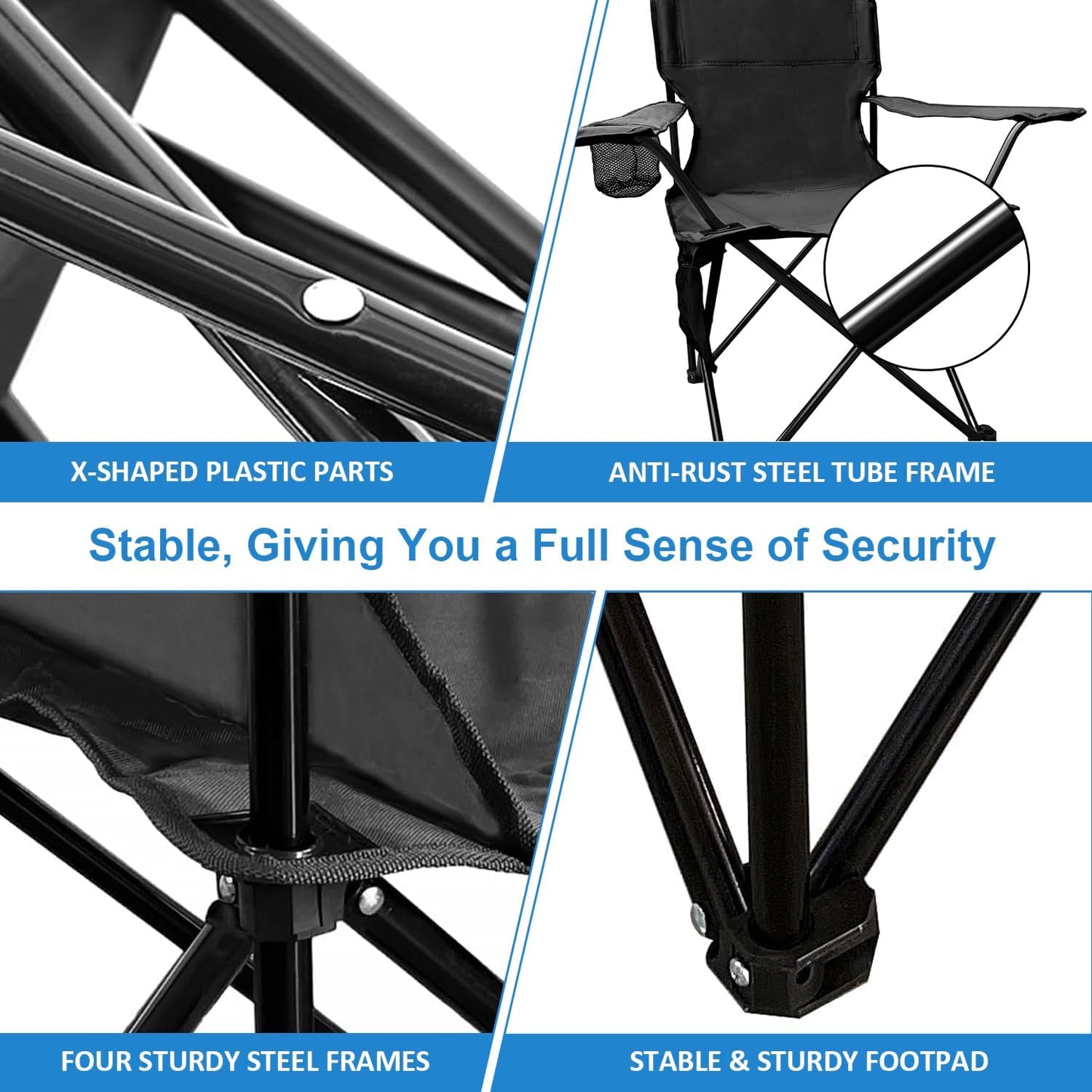 Skiennix Folding Camping Chair - Portable High Back Outdoor Chair with Cup Holder & Storage Bag - Supports 300lbs - Black