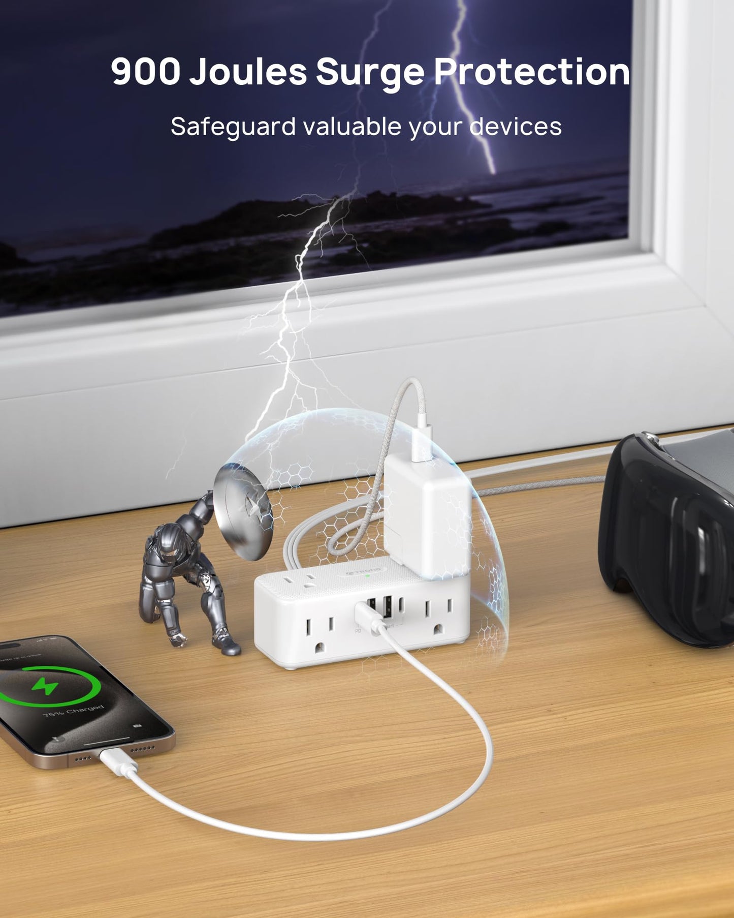 TROND 20W USB C Power Strip Surge Protector - 5ft Flat Plug Extension Cord with Multiple 6 Outlet, 4 USB, 900 Joules, 3 Sided Design, Mountable, Compact for Home Office Travel Dorm Room Essentials