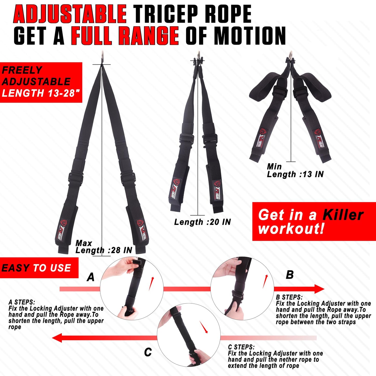 TAVIEW Tricep Rope Cable Attachment Adjustable (26-56 Inches), 27/36/48/55 Inches Long Tricep Rope Alternative, Greater Range of Motion,Gym Rope Equipment for Home/Gym Accessories