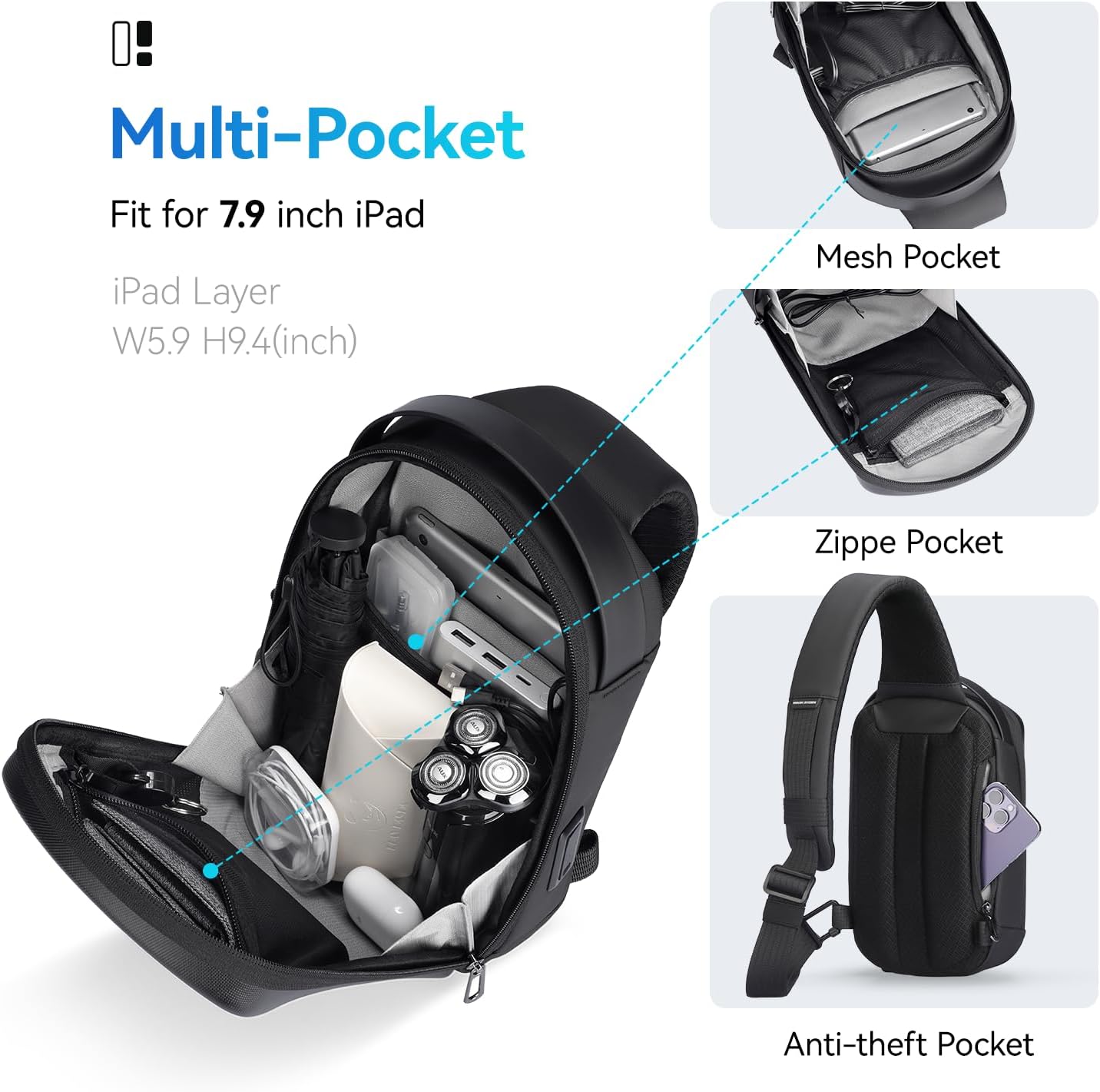MS Mark Ryden Hard Shell Sling Backpack - Water Resistant Crossbody Bag with USB Charging Port for Travel & Gym
