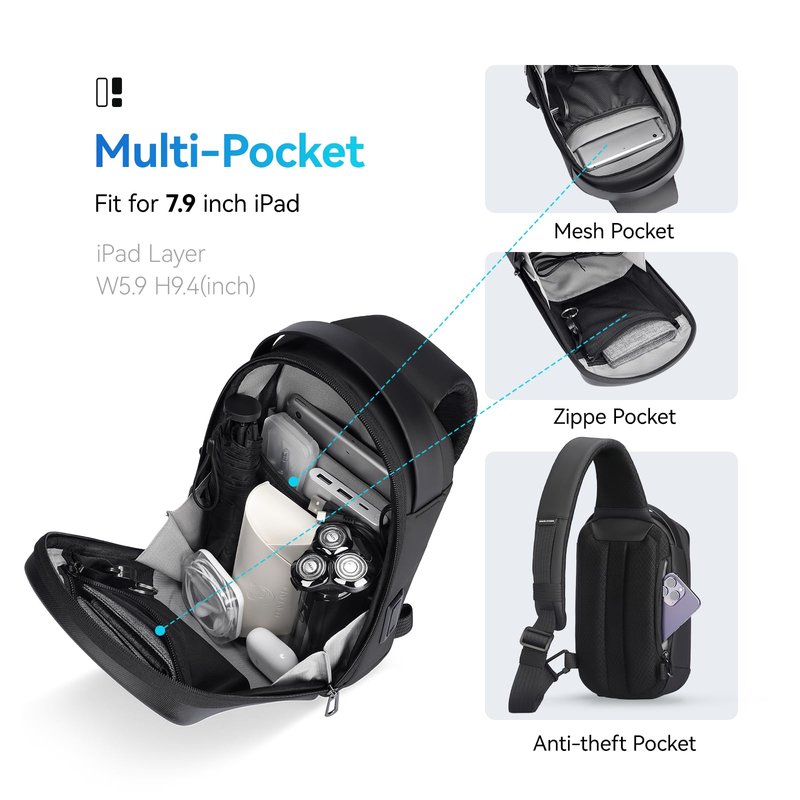 MS Mark Ryden Hard Shell Sling Backpack for Men, Water Resistant Crossbody Backpack with USB Charging Port, Chest Bag for Travel, Gym