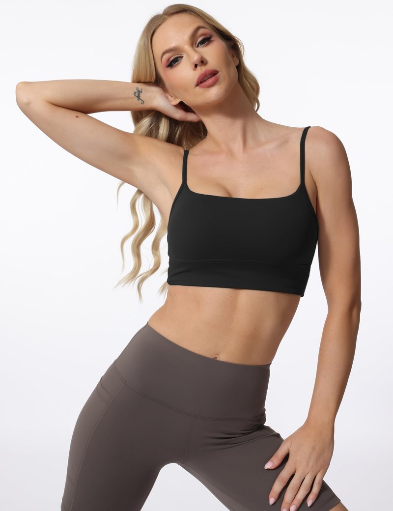 AugIris Sports Bras for Women Spaghetti Strap Padded for Yoga Running Gym Workout, Wireless Scoop Neck Bras Crop Tank Top Black