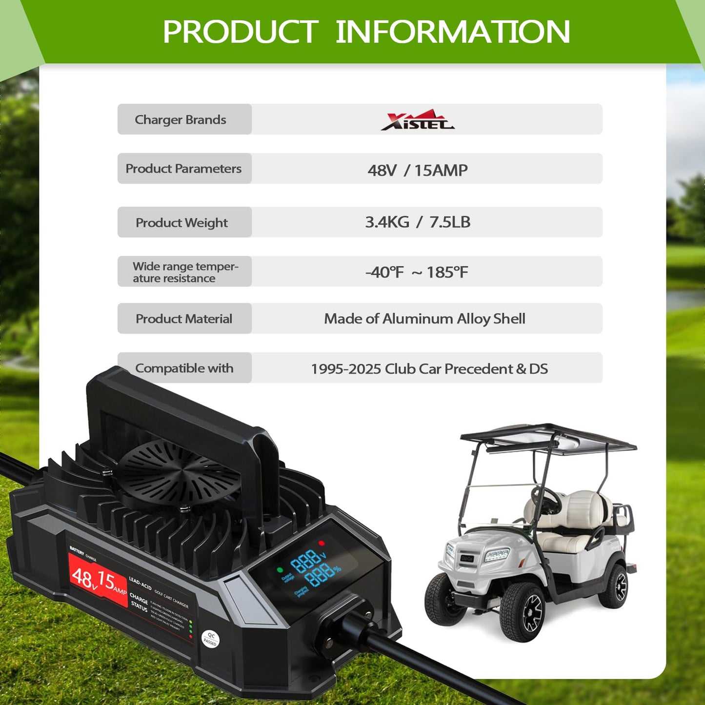 Xislet 15 AMP 48 Volt Golf Cart Battery Charger Compatible with 1995-2025 Club Car Precedent & DS, Round Plug Cable, Lightweight, Waterproof, LED Screen Display, for Lead Acid Battery - Black
