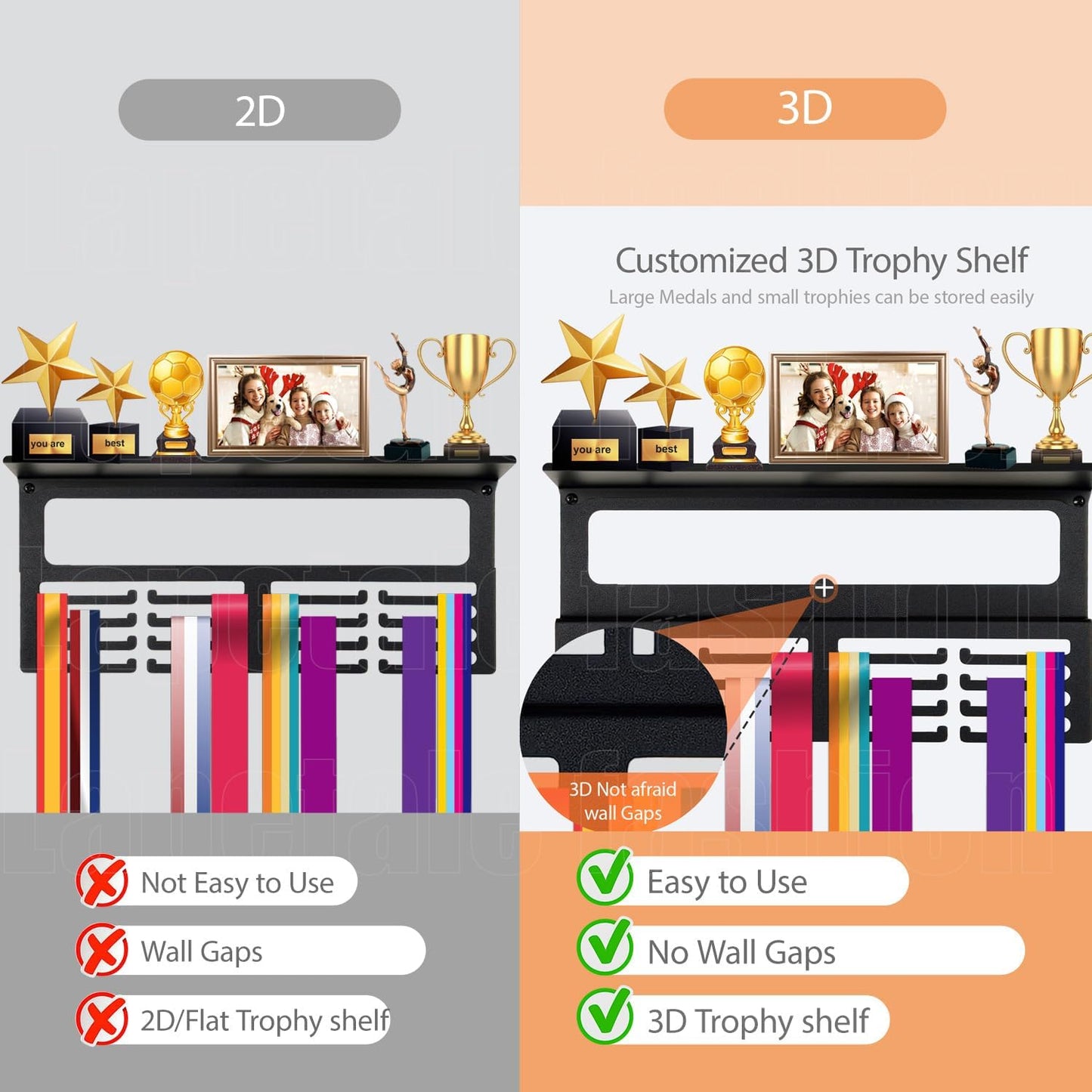 Personalized Medal Holder - Custom Name Display Rack for 63 Awards Ribbons | Metal Wall Mount Hanger for Athletes