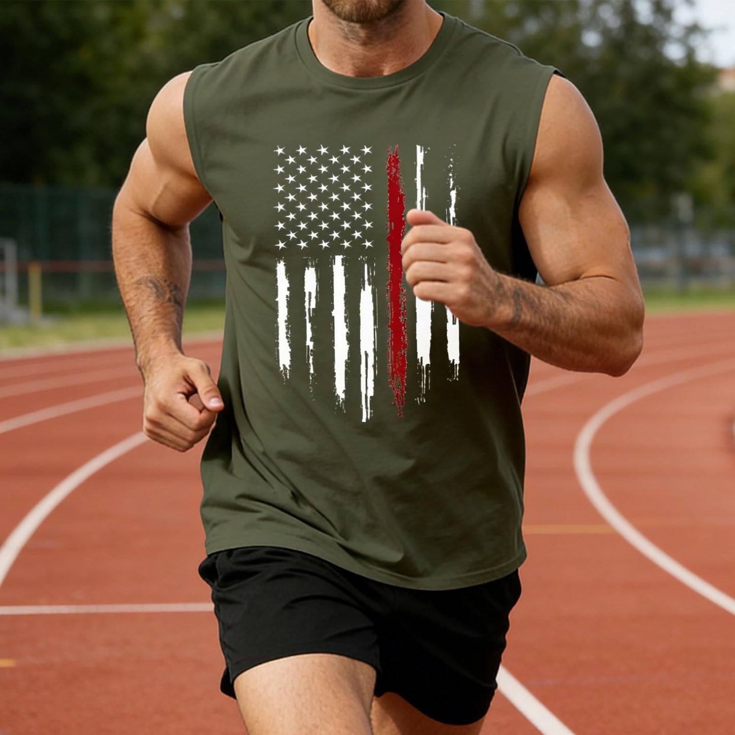 CUIFUTANG Men American Flag Tank Top Sleeveless Graphic Muscle Tee Gym Workout USA Sleeveless Tee Shirts - Green-XXL