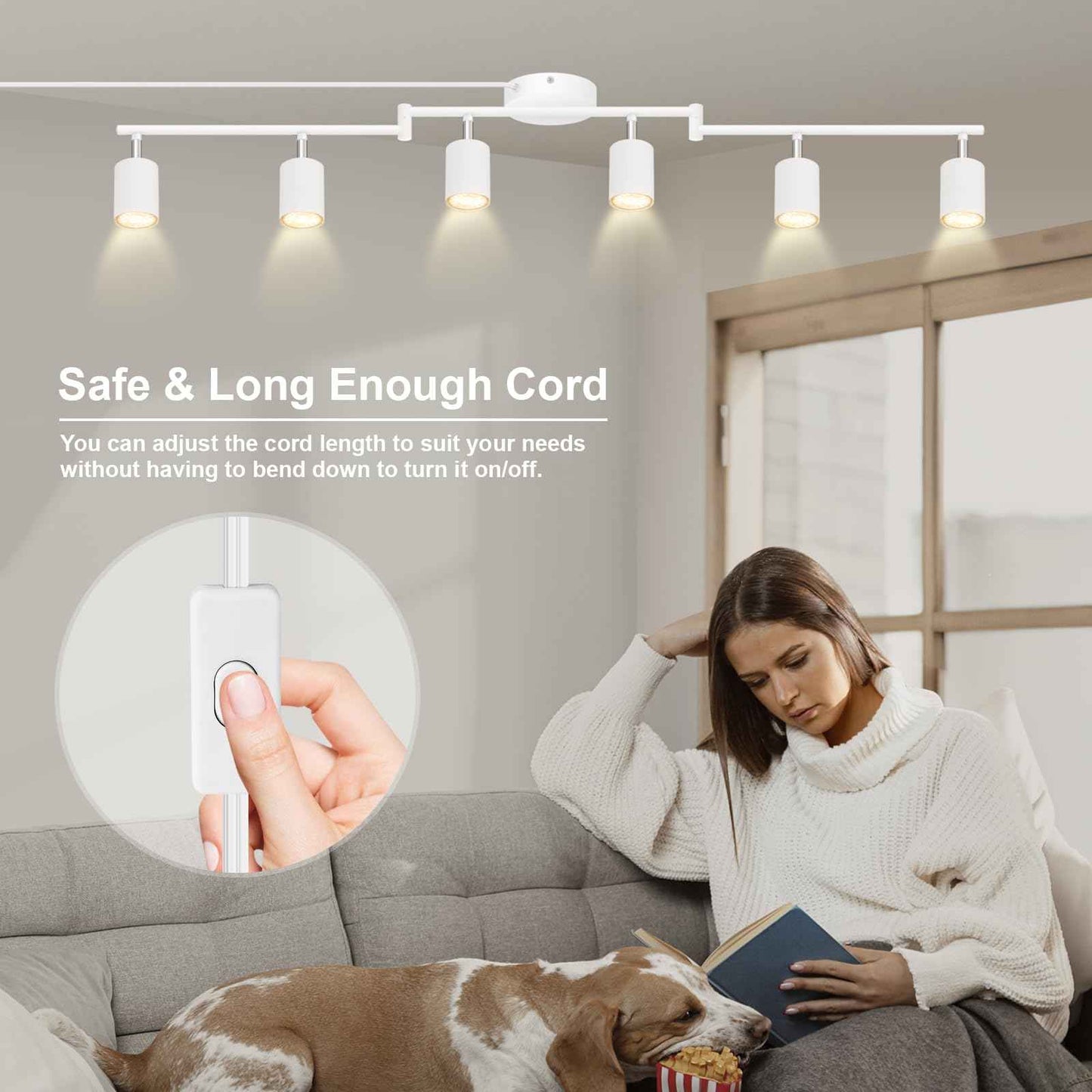 Track Lighting Plug in, LED Track Lighting Fixtures Ceiling Kit, White 6-Light Ceiling Light Plug-in, Wall Light with 14.8ft Power Cord, Rotatable Kitchen Spotlight for Bedroom(GU10 Socket, NO Bulb)