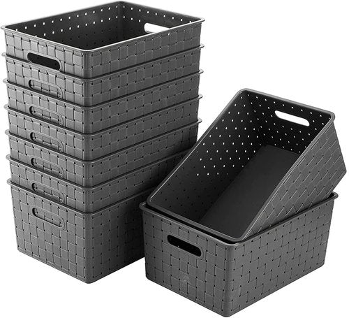 Bekith Woven Plastic Storage Baskets - 9 Pack Organizing Bins for Toys & Accessories | 10" L x 7" W x 4.4" H, Grey