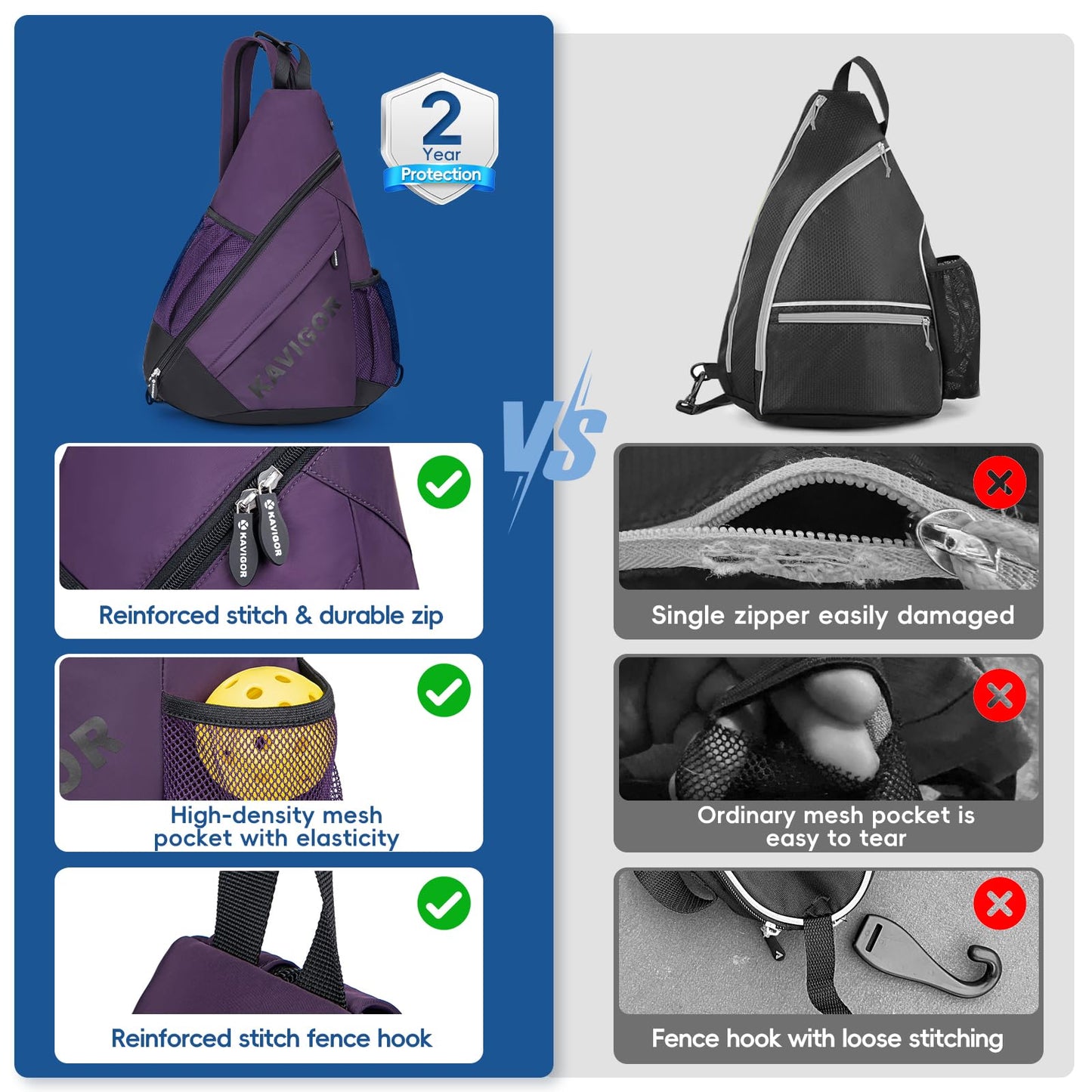KAVIGOR Pickleball Sling Bag, Convertible Ultra-Light Backpack with Skin-Soft Fabric & Wet/Dry Pocket, Fits 4 Paddles + Gear
