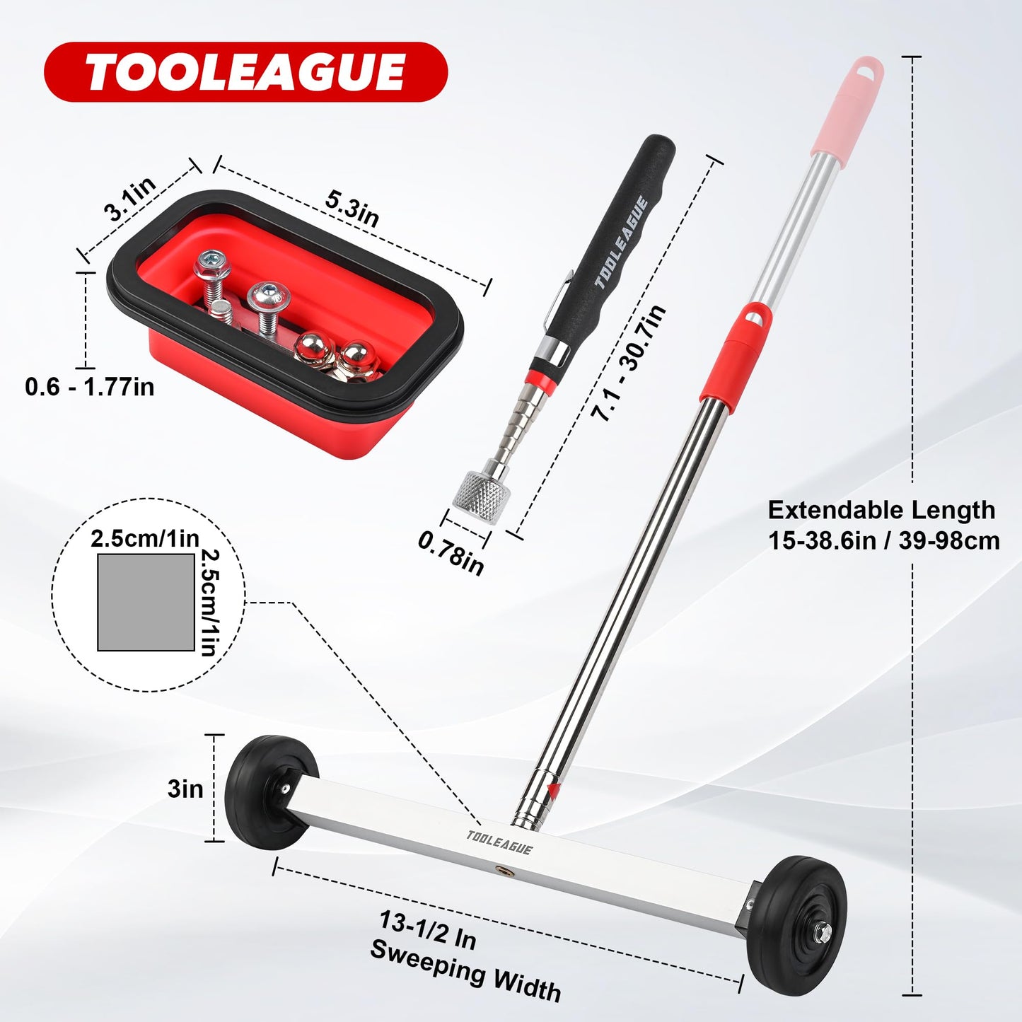 TOOLEAGUE 17" Rolling Magnetic Sweeper with Wheels,Telescoping Adjustable Handle,10Lb Capacity Magnet Roller,Magnetic Foldable Tray,15Lb Pickup Pen,3Pcs Magnet Sweeper Set