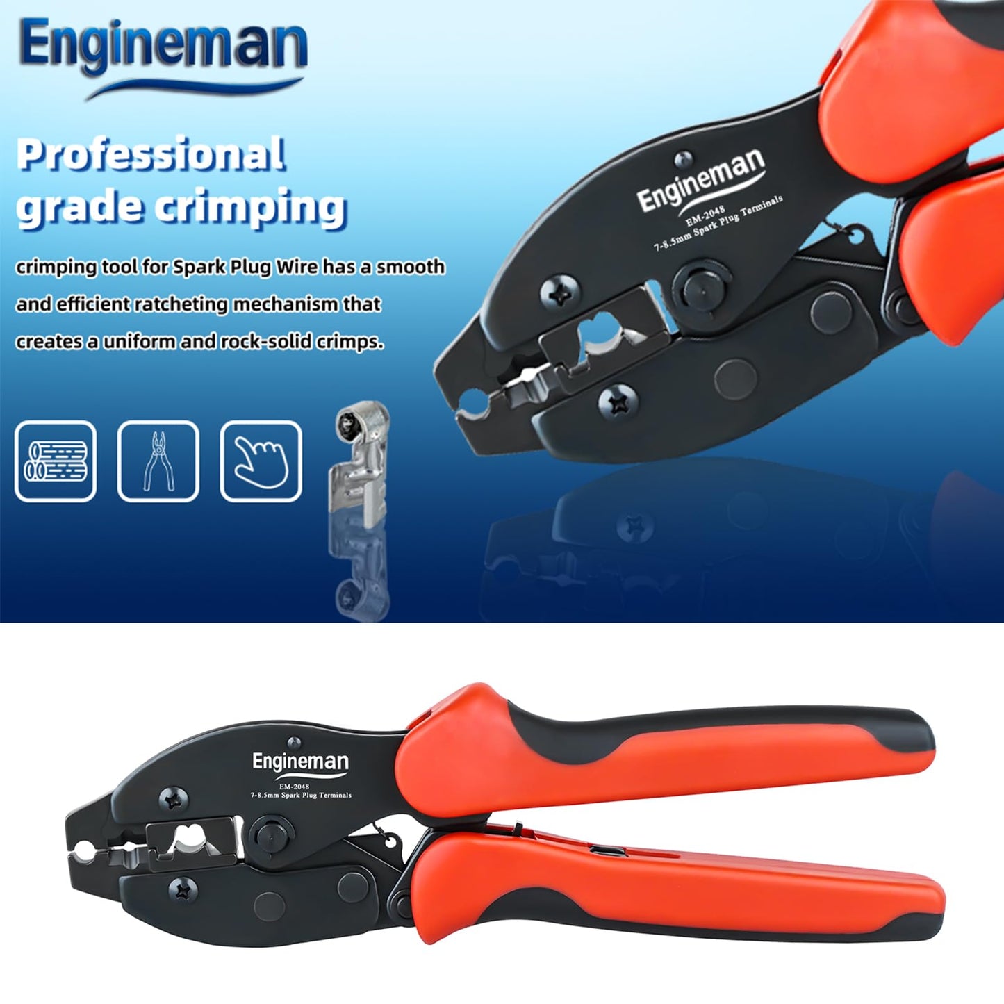 ENGINEMAN Spark Plug Wire Crimper, Crimping Pliers for Spark Plug Stripping Tool, EM-2048 for Crimping and Stripping Spark Plug Wire, Dia 7.0-8.5mm, Ratchet spark plug wire crimping tool